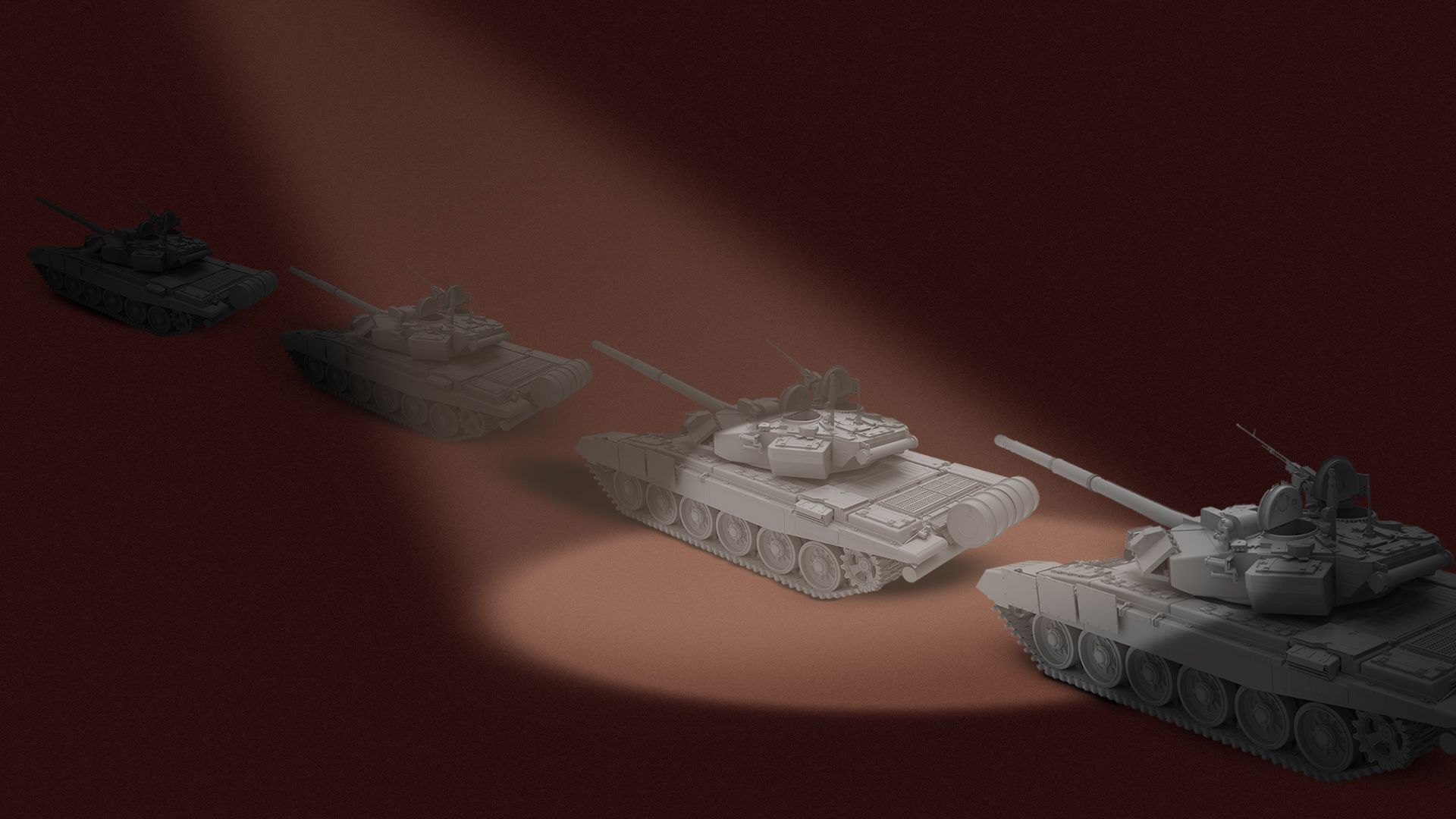 Illustration of a line of tanks driving away with a spotlight shining over them. 