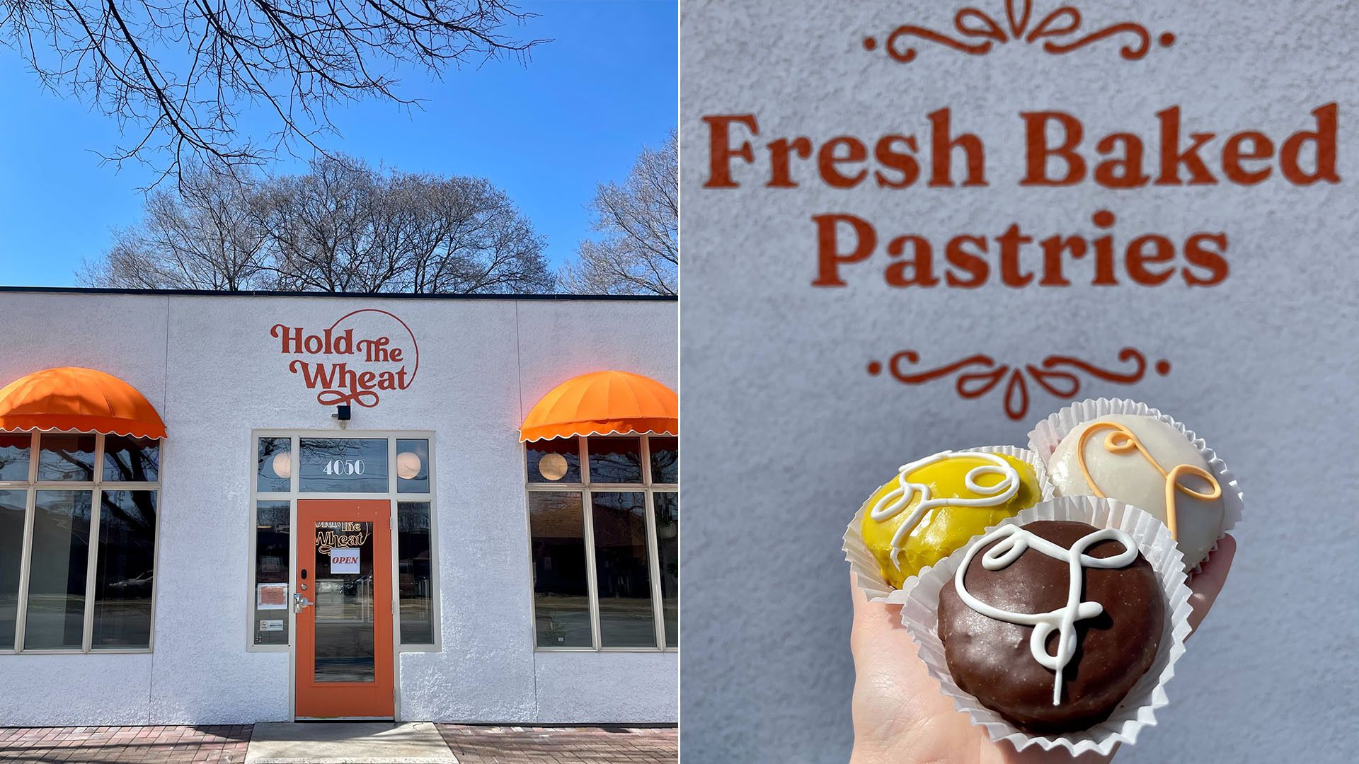 A white building with orange valances, and three small cakes in chocolate, vanilla and lemon.