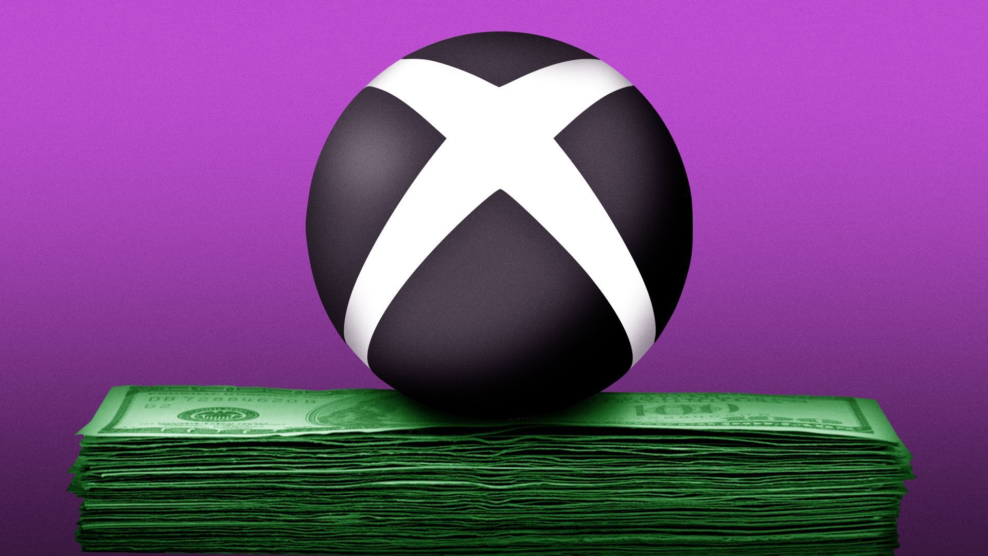 Illustration of the XBOX logo on top of a stack of hundred dollar bills.