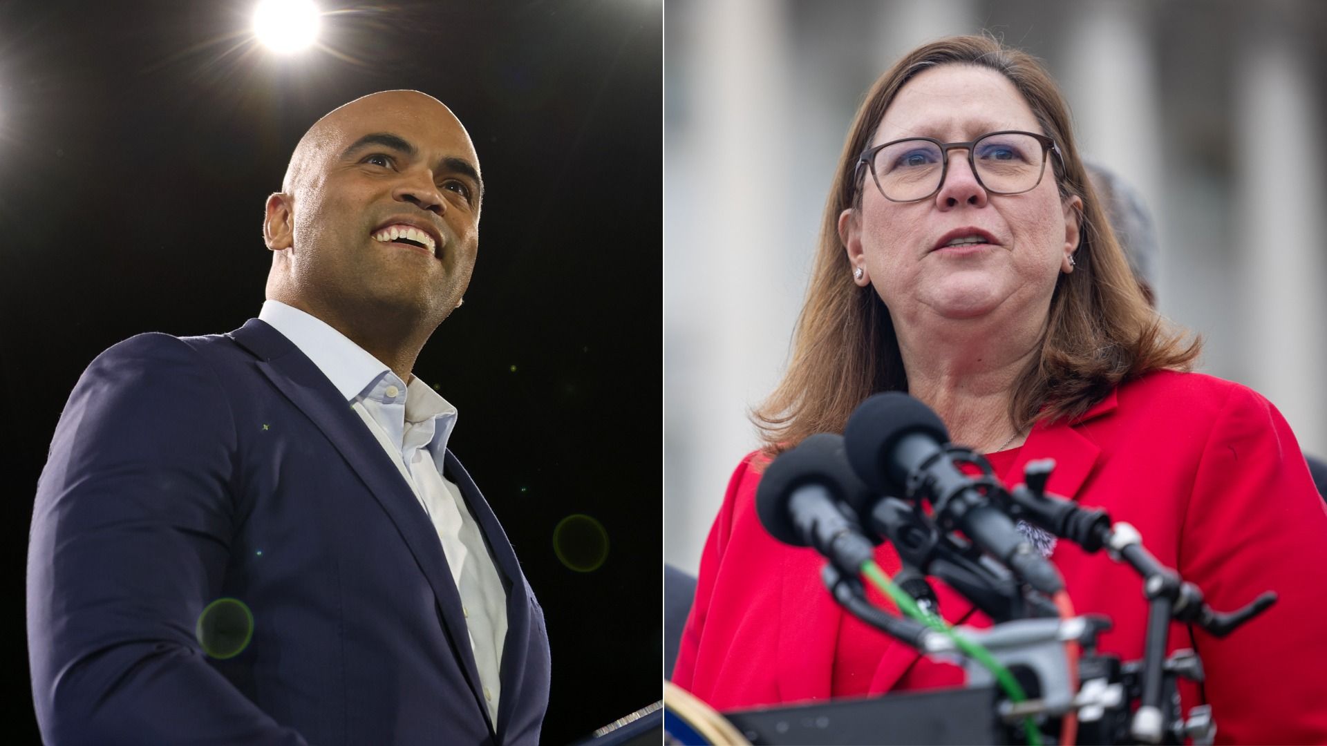Side-by-side photos of former U.S. Rep. Colin Allred, on the left, and U.S. Rep. Julie Johnson. Allred wears a blue suit and smiles at a lectern. Johnson wears a red suit and speaks in front of several microphones.