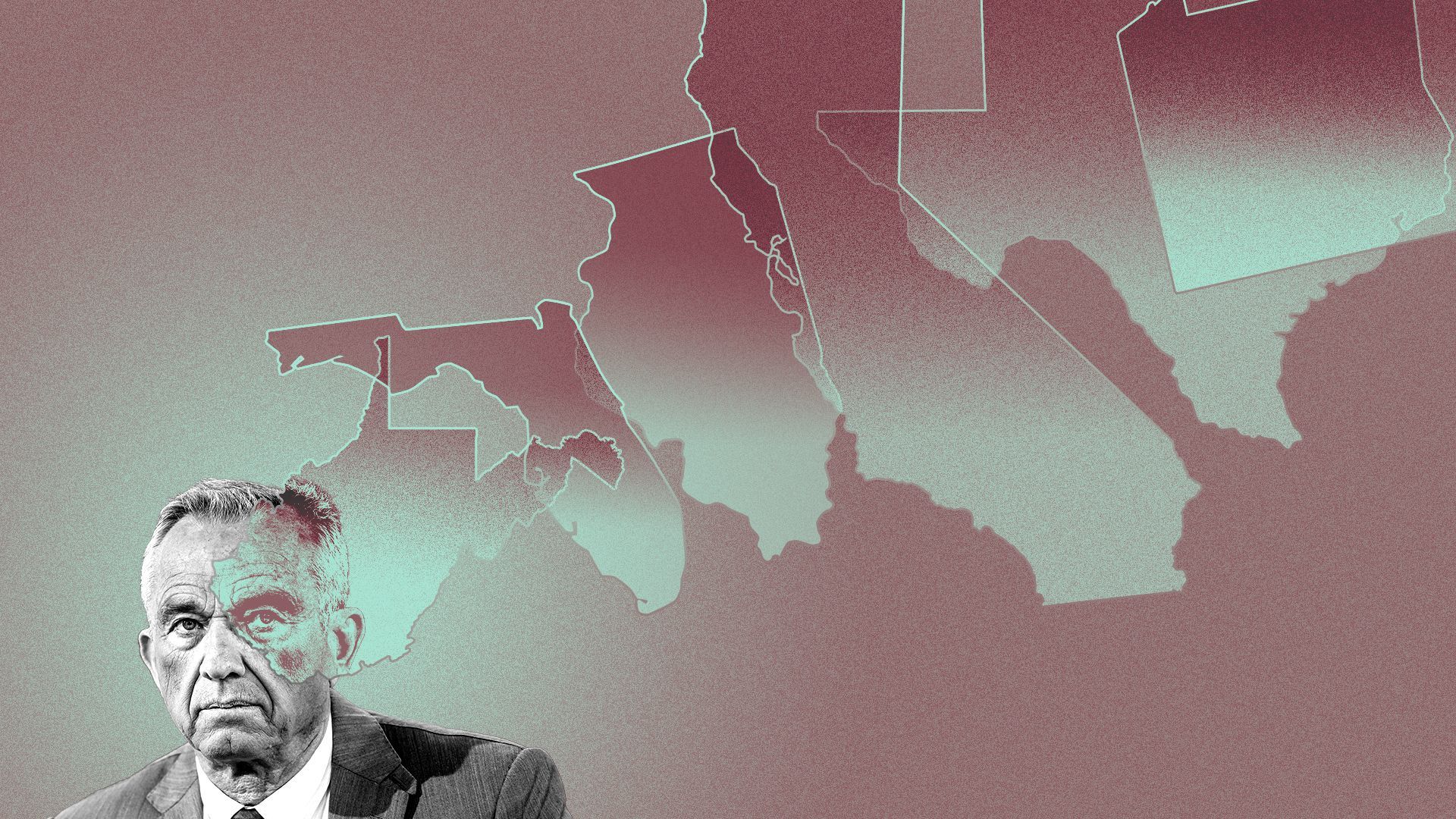 Photo illustration of Robert F. Kennedy Jr. looking through a series of translucent state shapes, including West Virginia, Florida, Illinois, California, Texas and Pennsylvania.