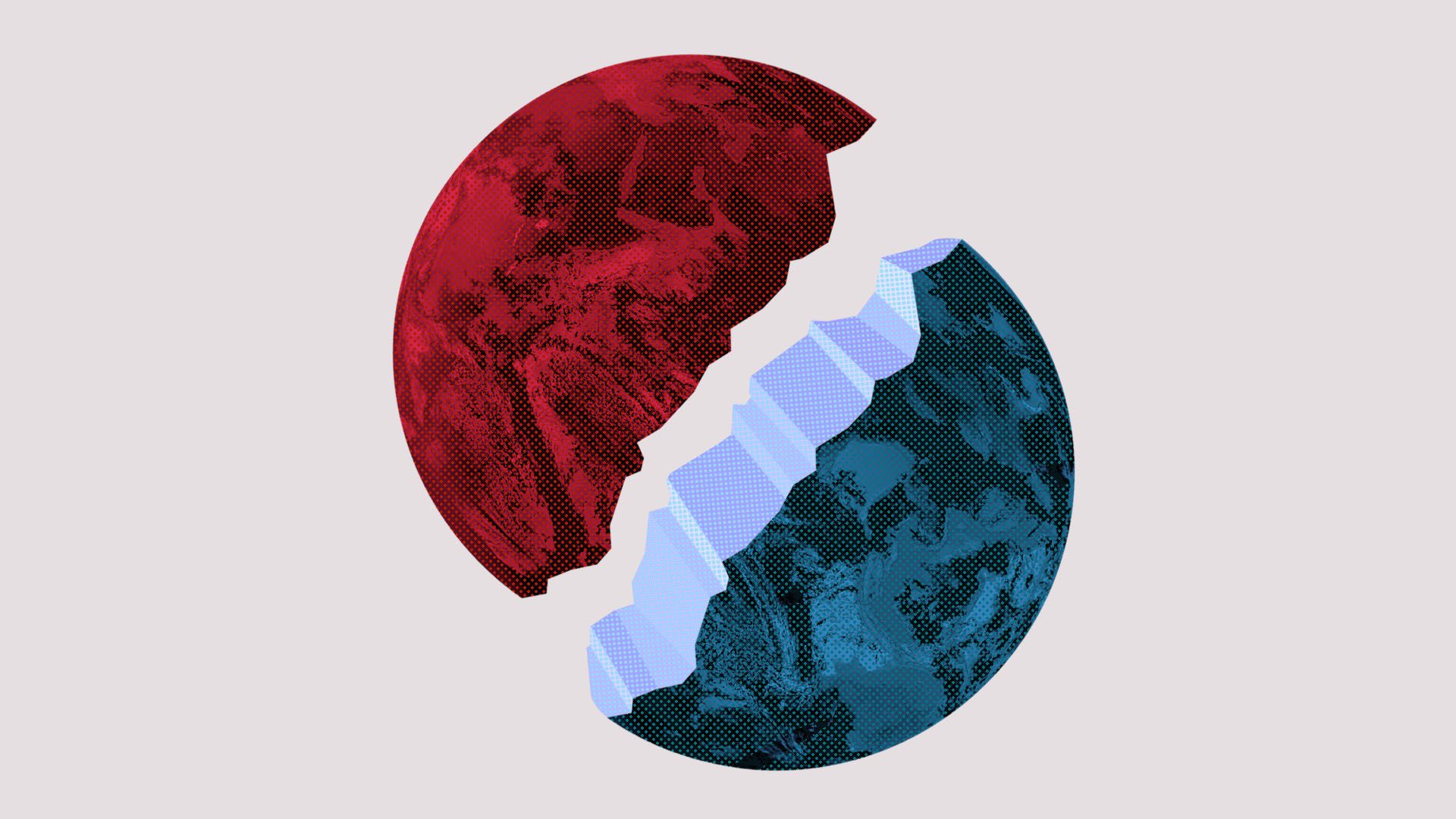 Illustration of a divided planet Earth, split into red and blue halves