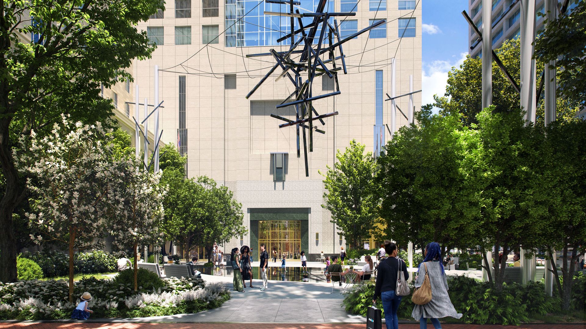 Rendering of the future McColl Park with nest sculpture suspended in the air