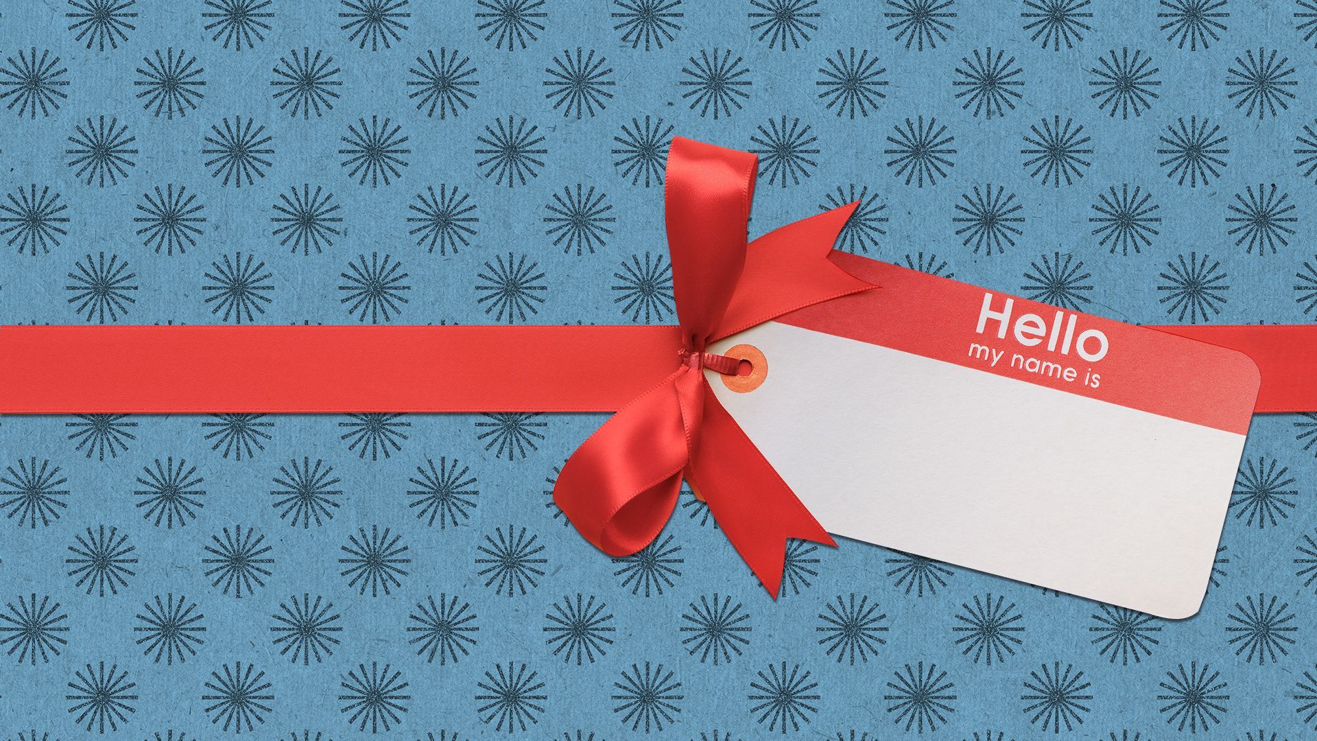Illustration of a gift with a bow and tag that is a name tag