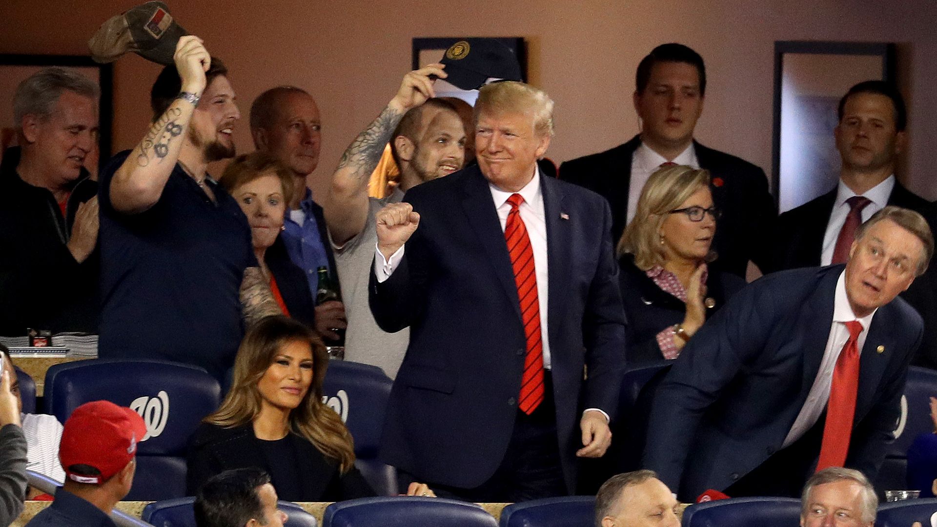 President Trump raises a fist in the stands of the Washington Nationals game.