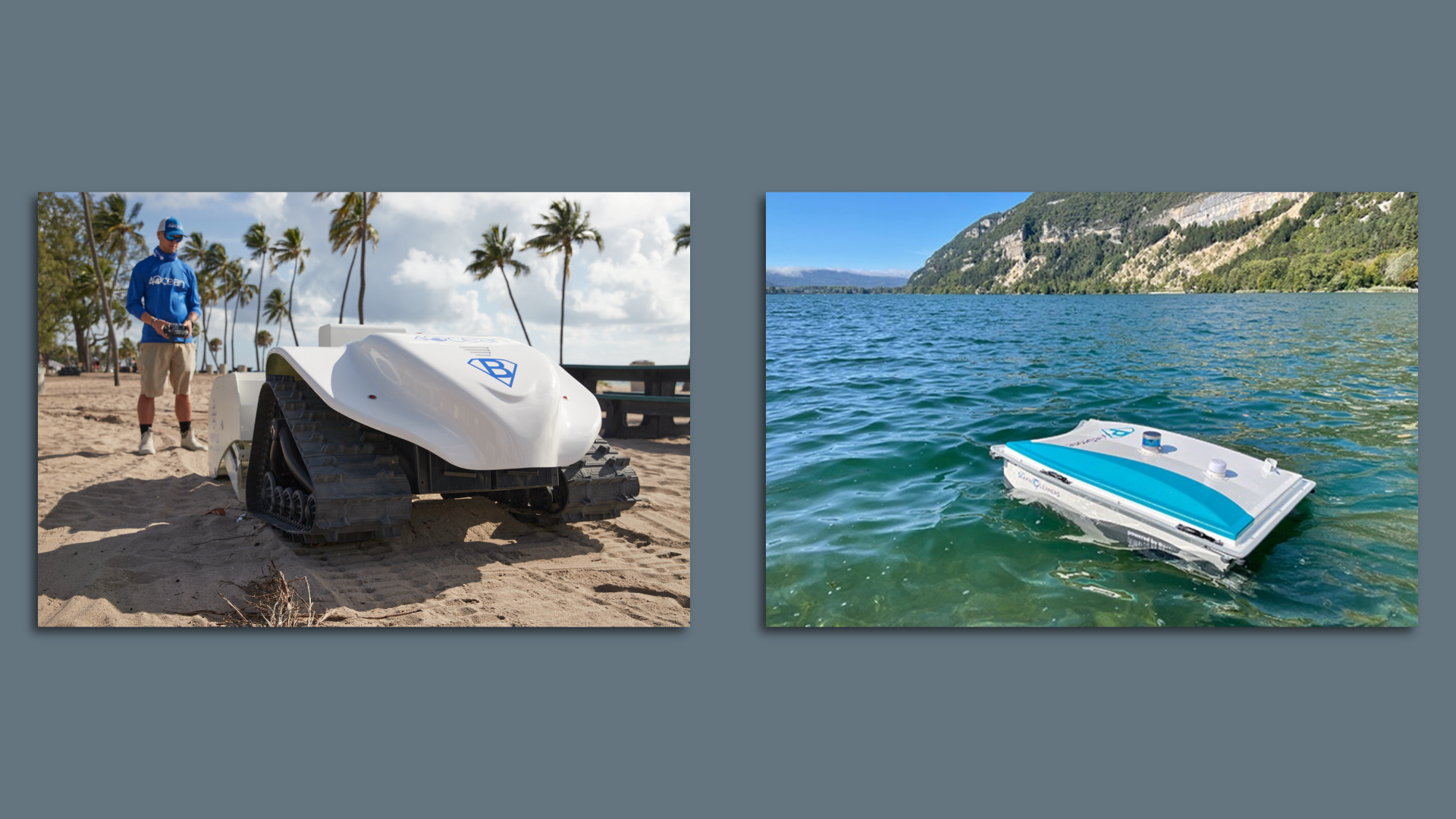 The BeBot, left, is a beach-cleaning robot; the Pixie Drone, right, works on waterways.