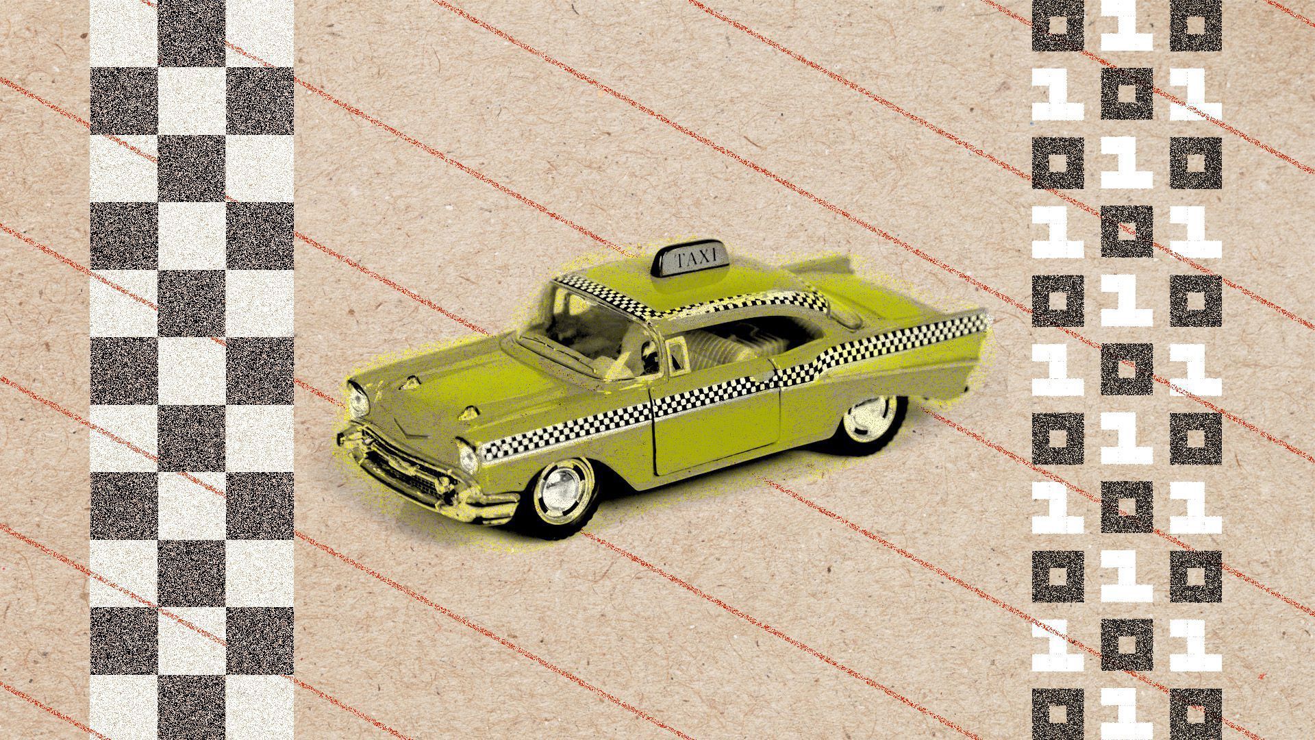A vintage taxicab surrounded by patterns depicting binary code