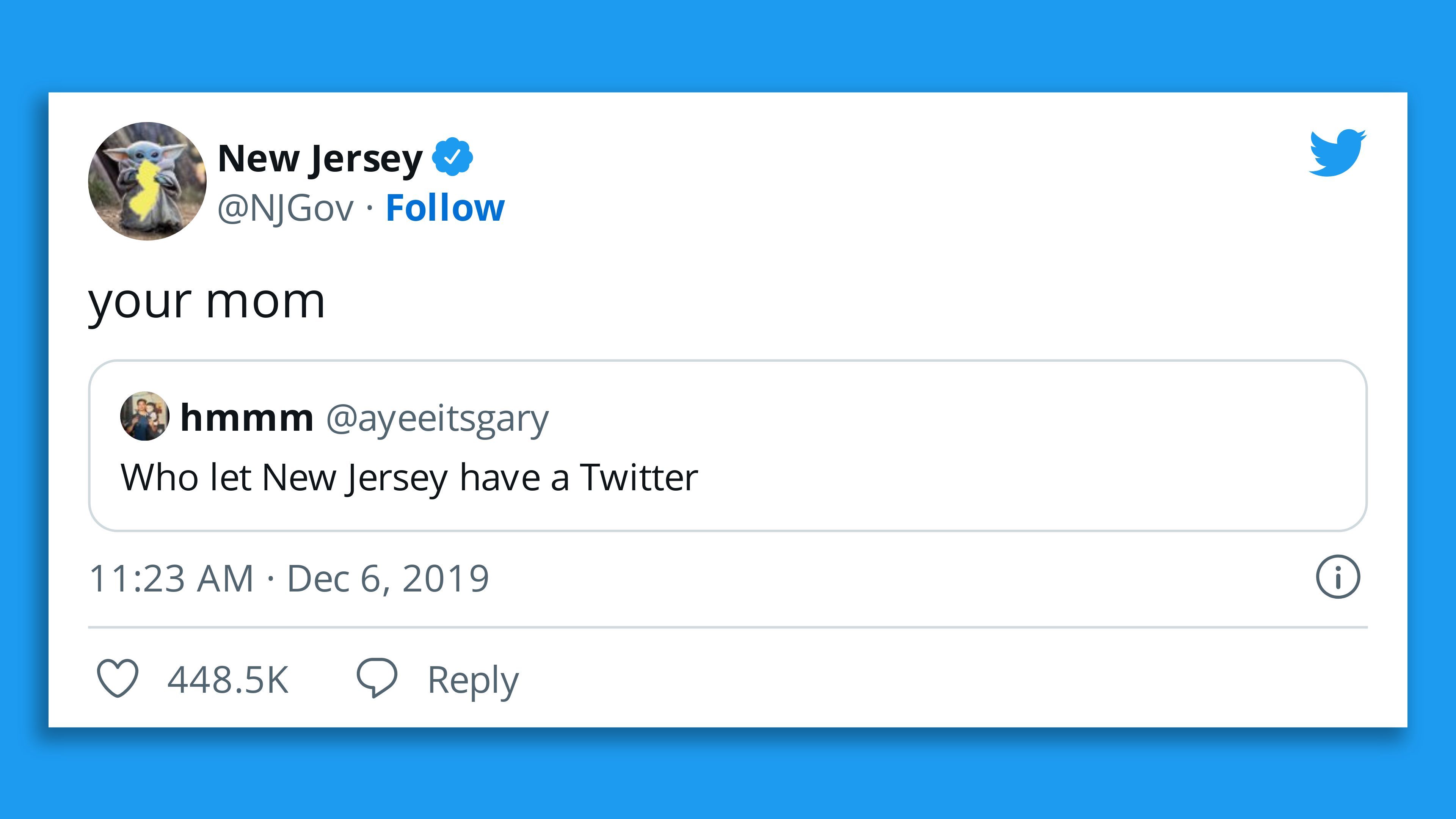 Tweet from NJGov account which says "your mom"