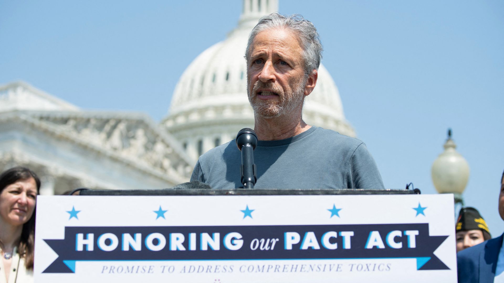 Comedian Jon Stewart speaks during a press conference outside the US Capitol in Washington, DC, May 26