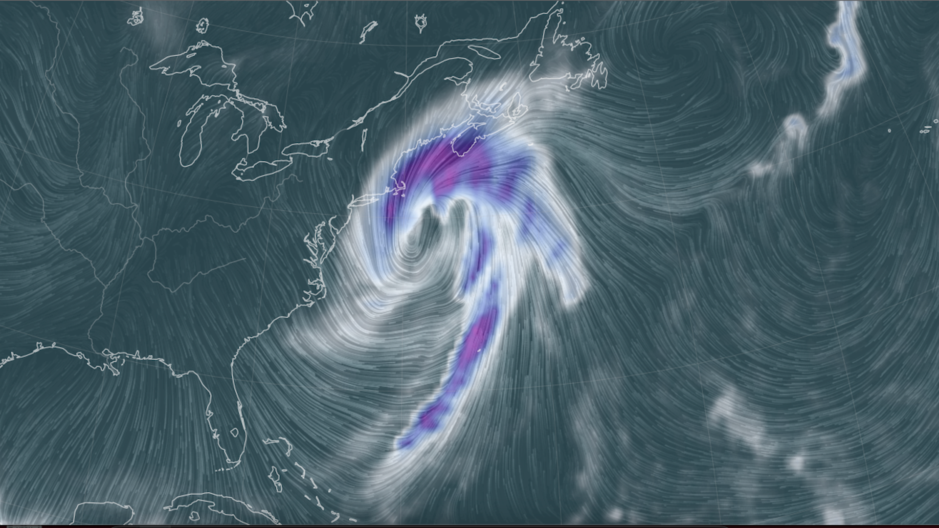 Computer model projection of the precipitation from a major storm in New England. 