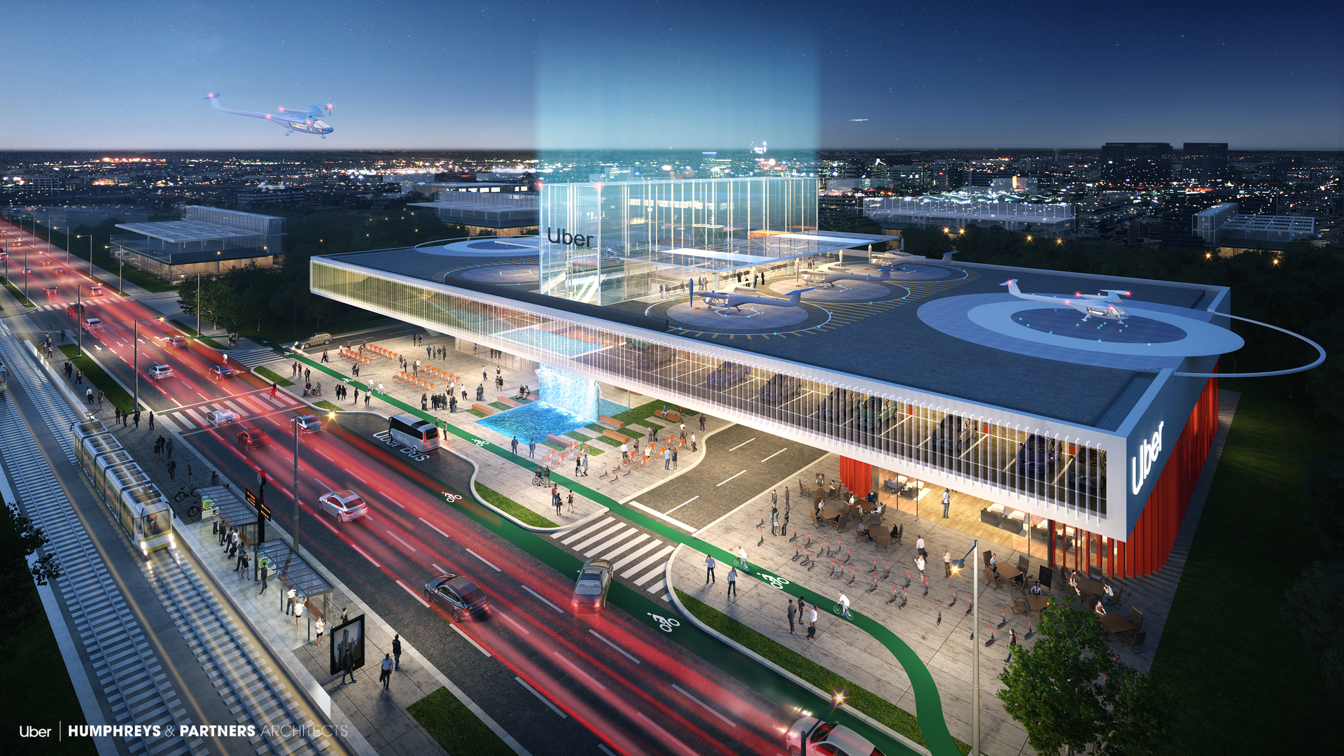 Rendering of an Uber multi-modal skyport design in Dallas
