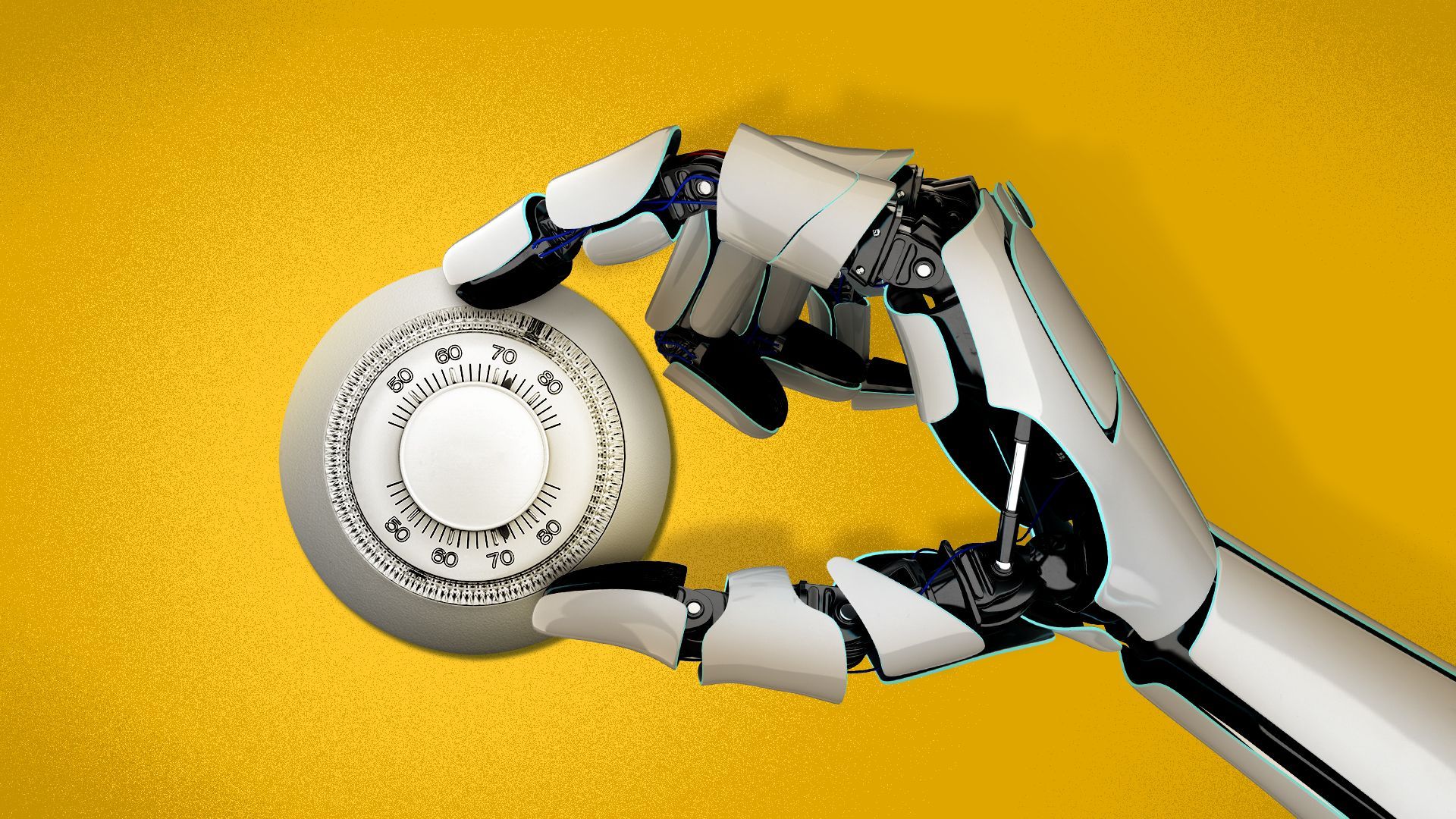 Illustration of a robot hand adjusting a thermostat.