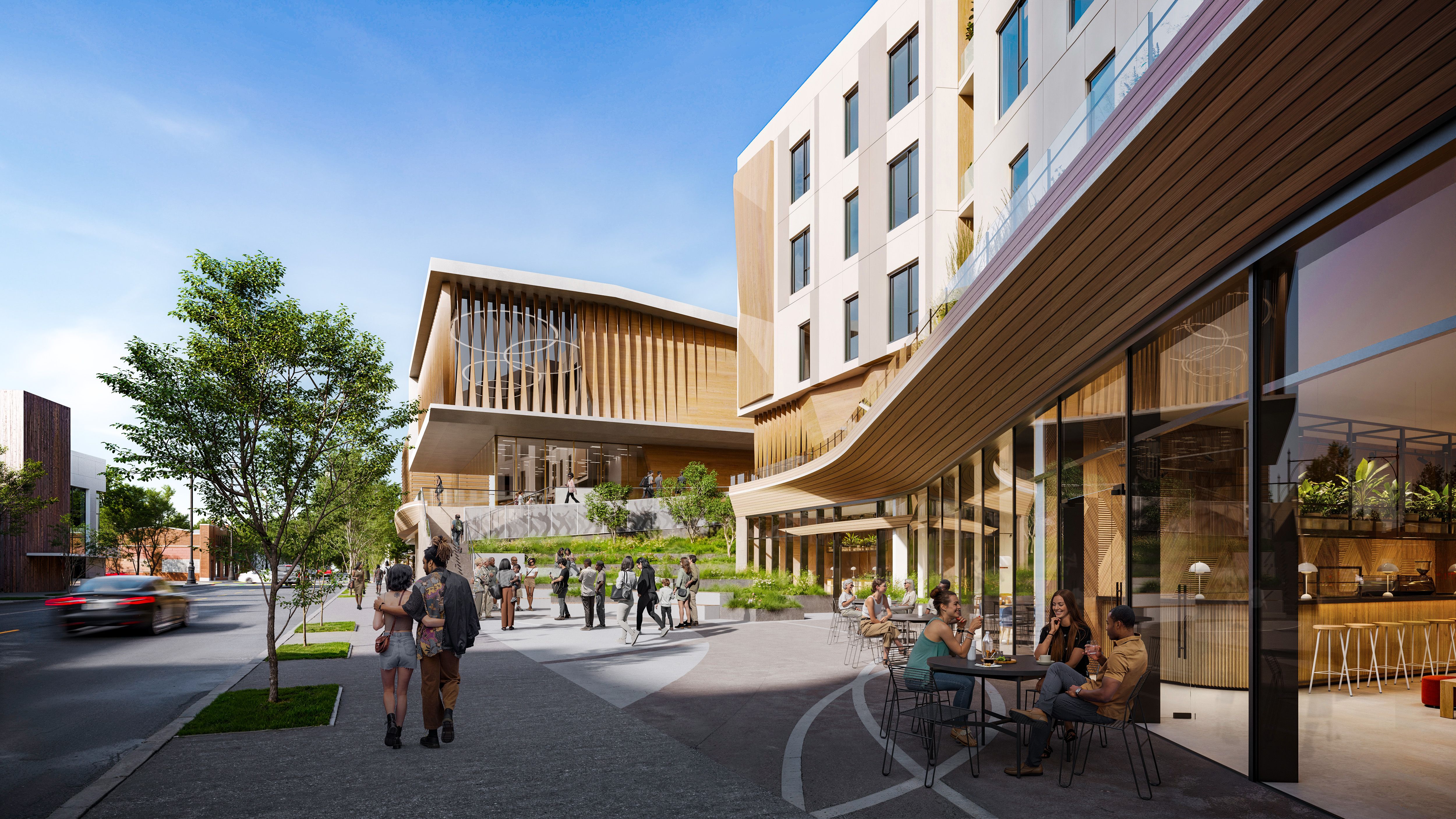 Rendering of a new building and plaza on a street corner