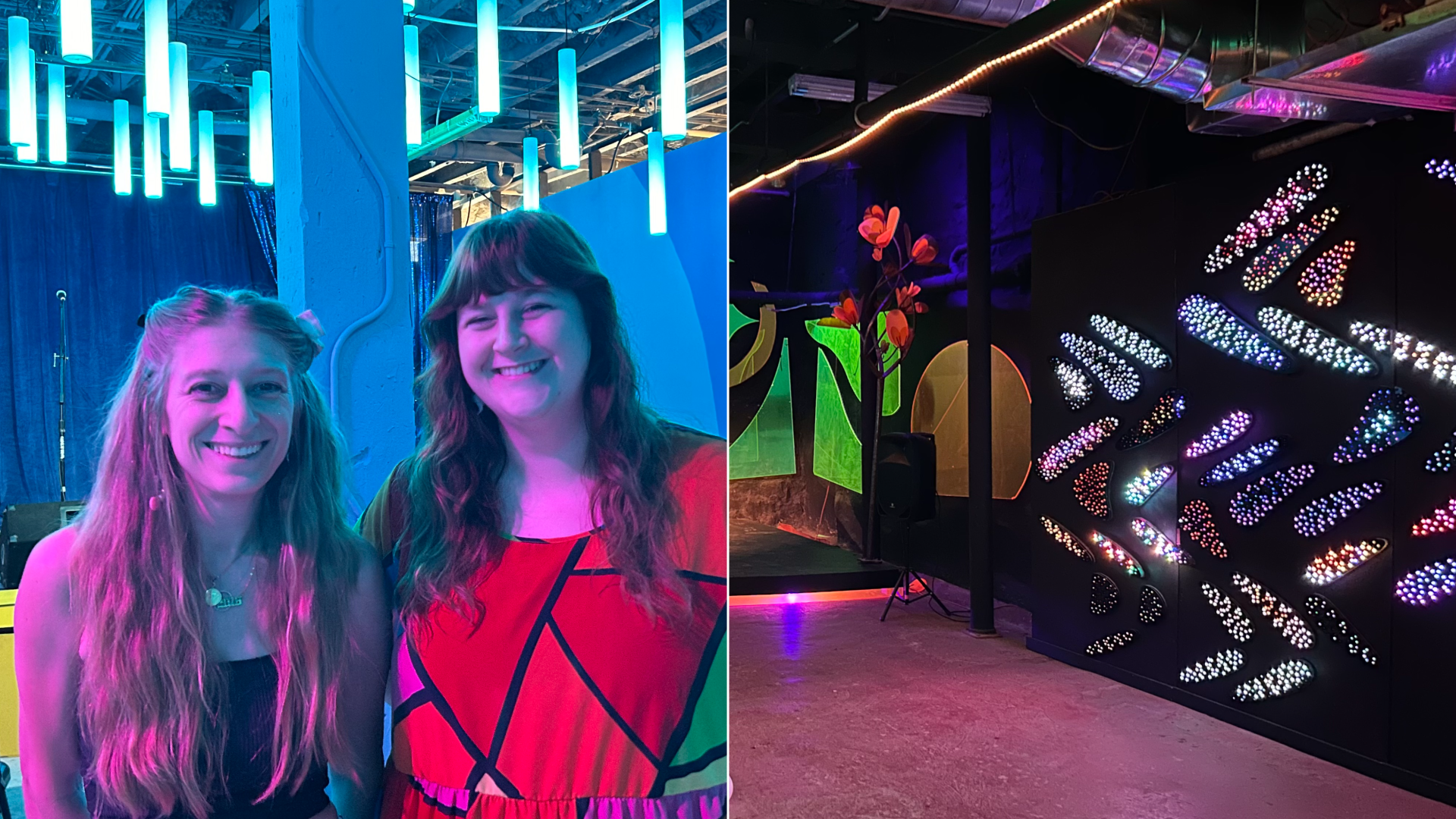Side by side photos of two individuals smiling in a theater space with blue lighting hanginf from the ceiling and a dark room with a digital piece of art