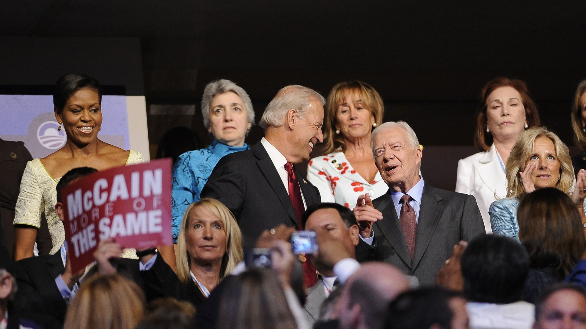 President Biden and former President Carter smile and talk at the 2008 Democratic National Convention.