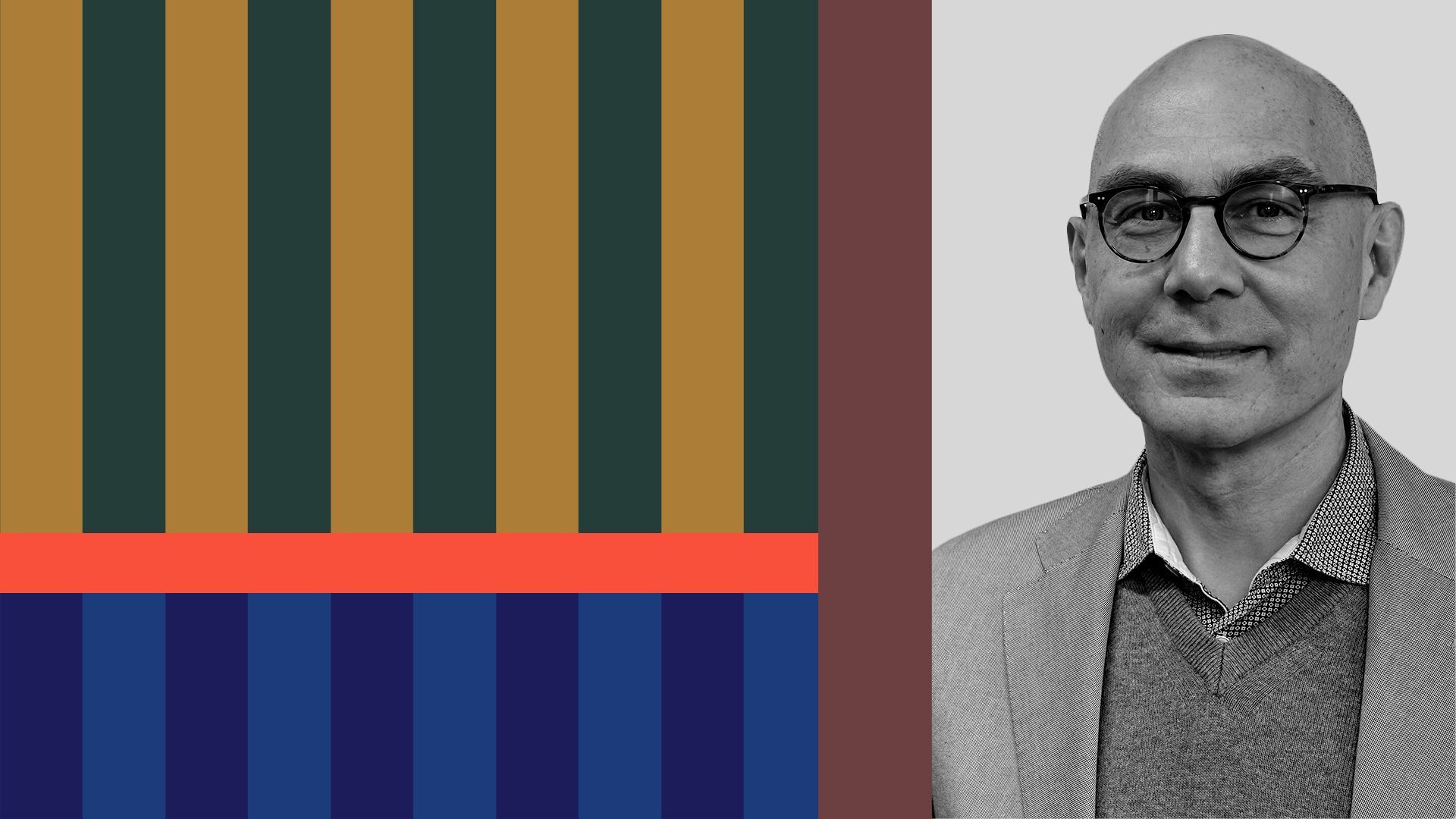 Photo illustration of Volker Türk with abstract shapes.