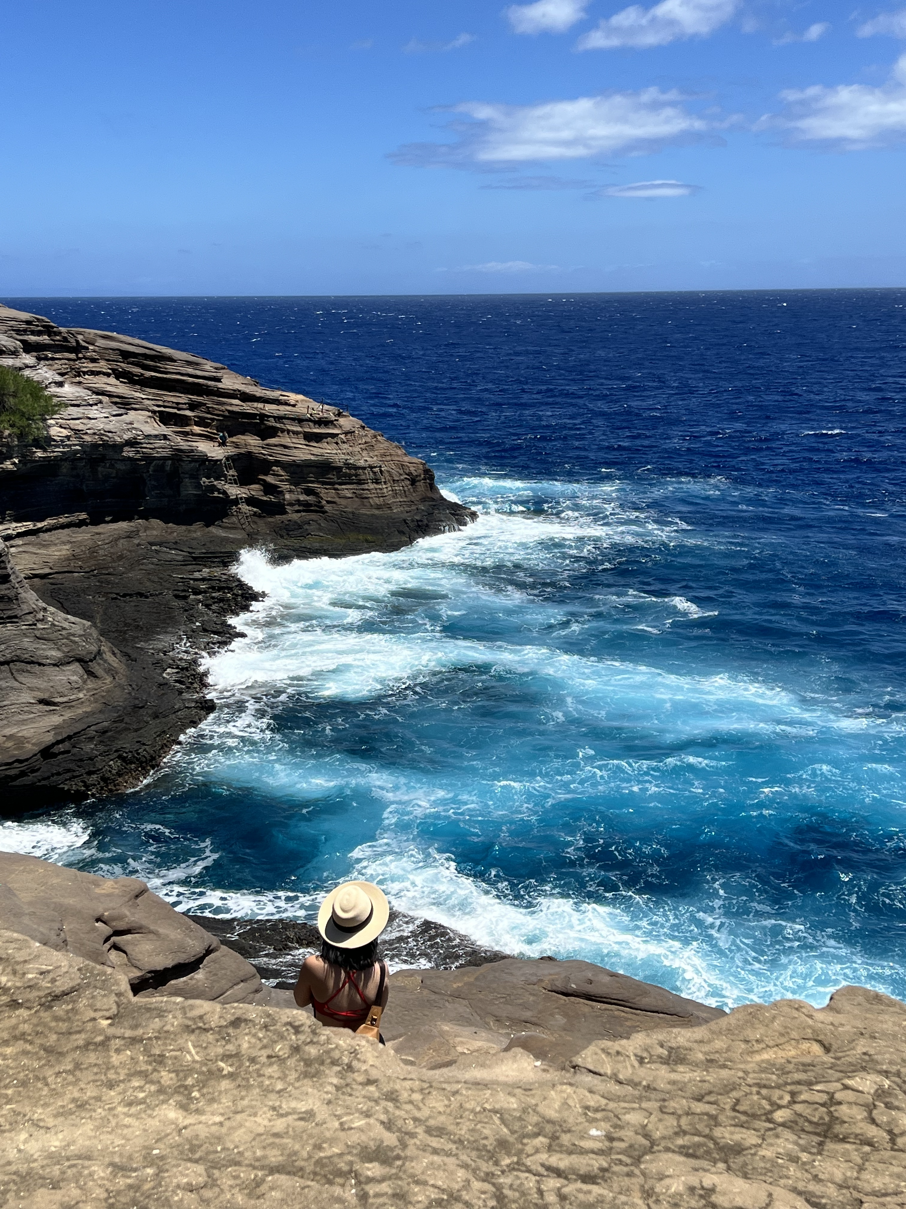 Photo of a woman sitting atop a cliff overlooking blue waves 