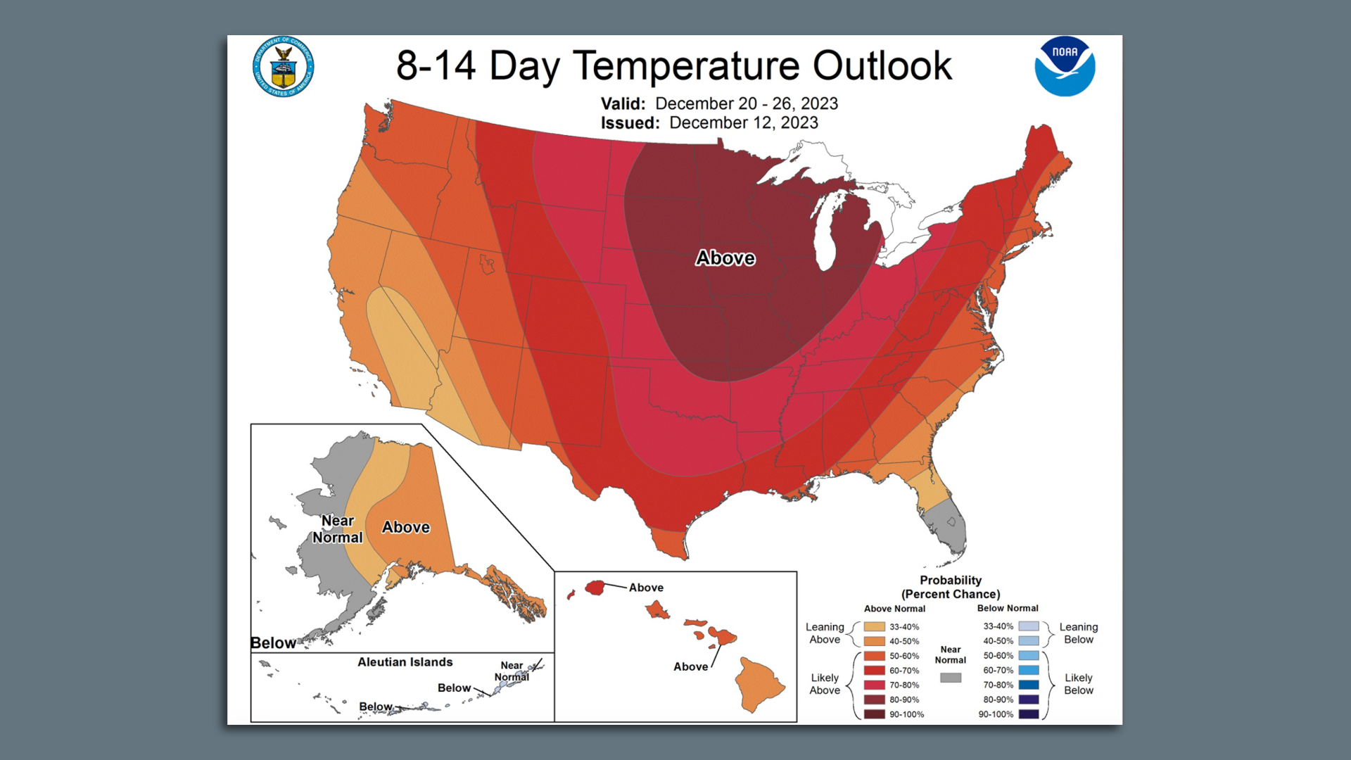 A NOAA temperature map showing temperatures well above average across most of the U.S. for the next 8-14 days.