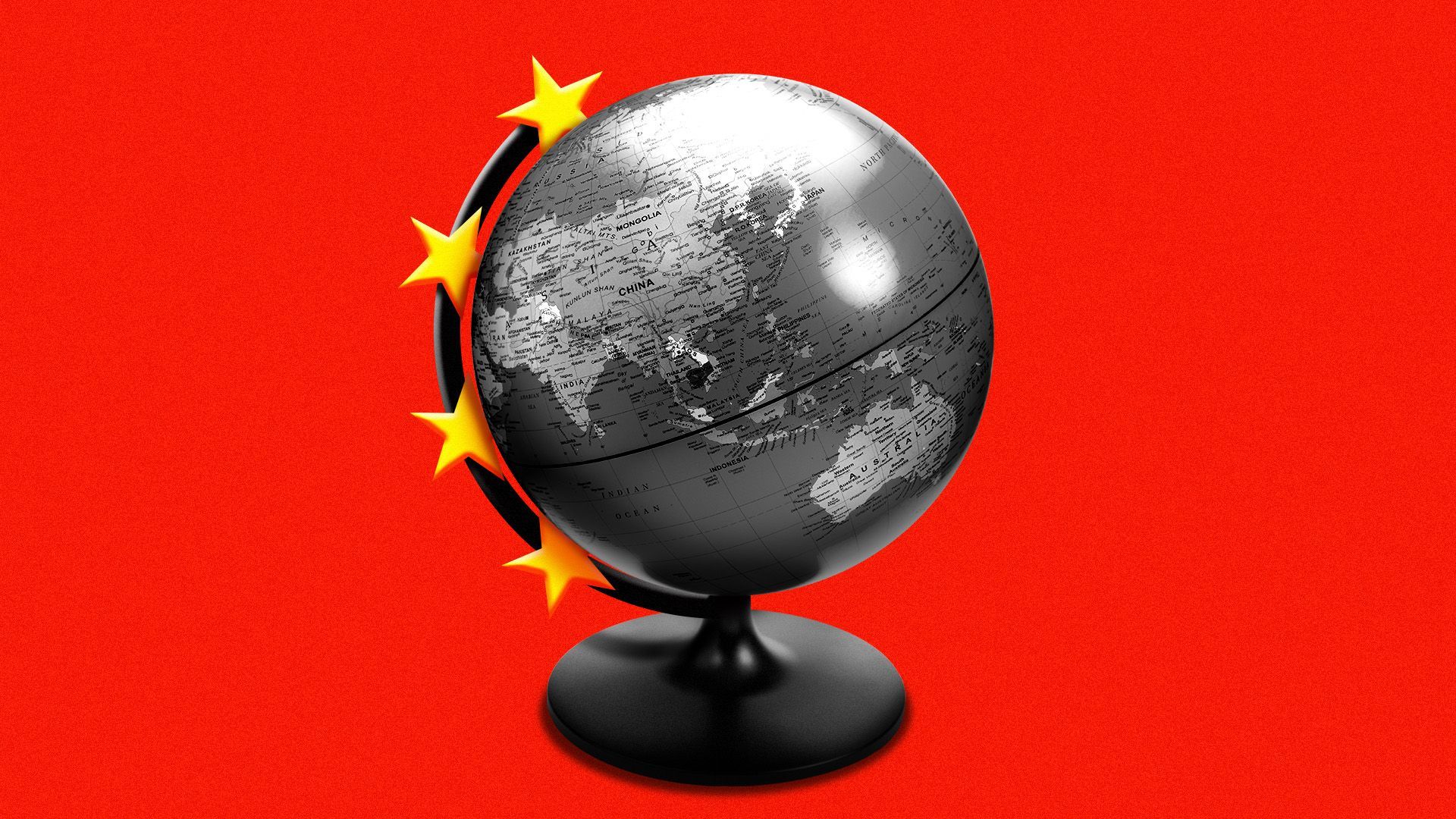 Illustration of a globe showing the Indo-Pacific with a stand made of stars from the People's Republic of China on a red background
