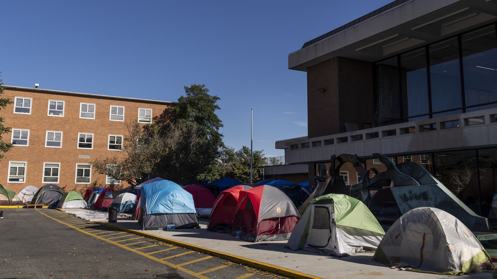 Howard University students pitching tents outside of Blackburn University Center