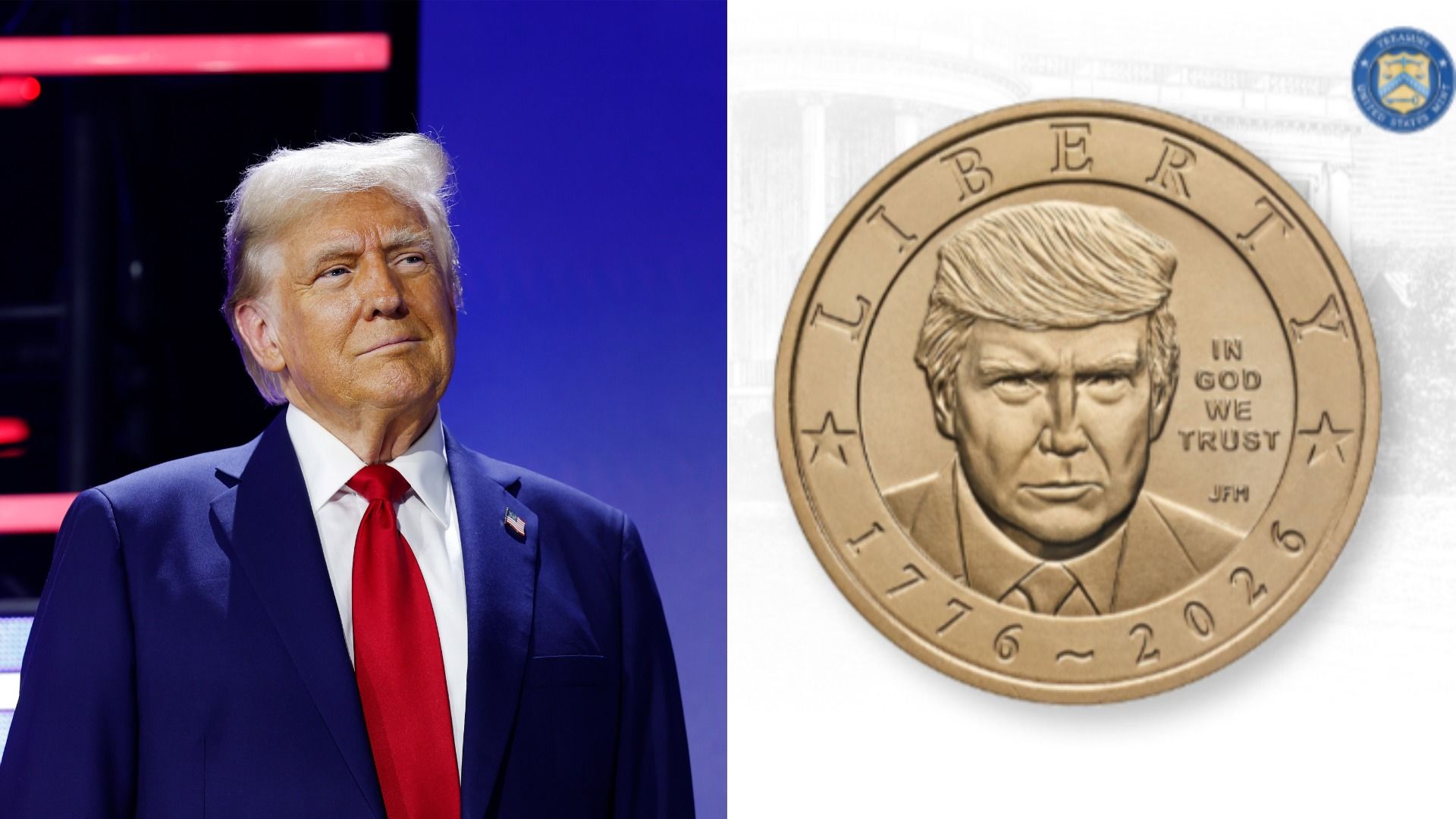 President Trump in 2024 and the U.S. Mint's $1 Trump coin. Photo: Anna Moneymaker/Getty Images (left); U.S. Mint and Treasury on X (right)