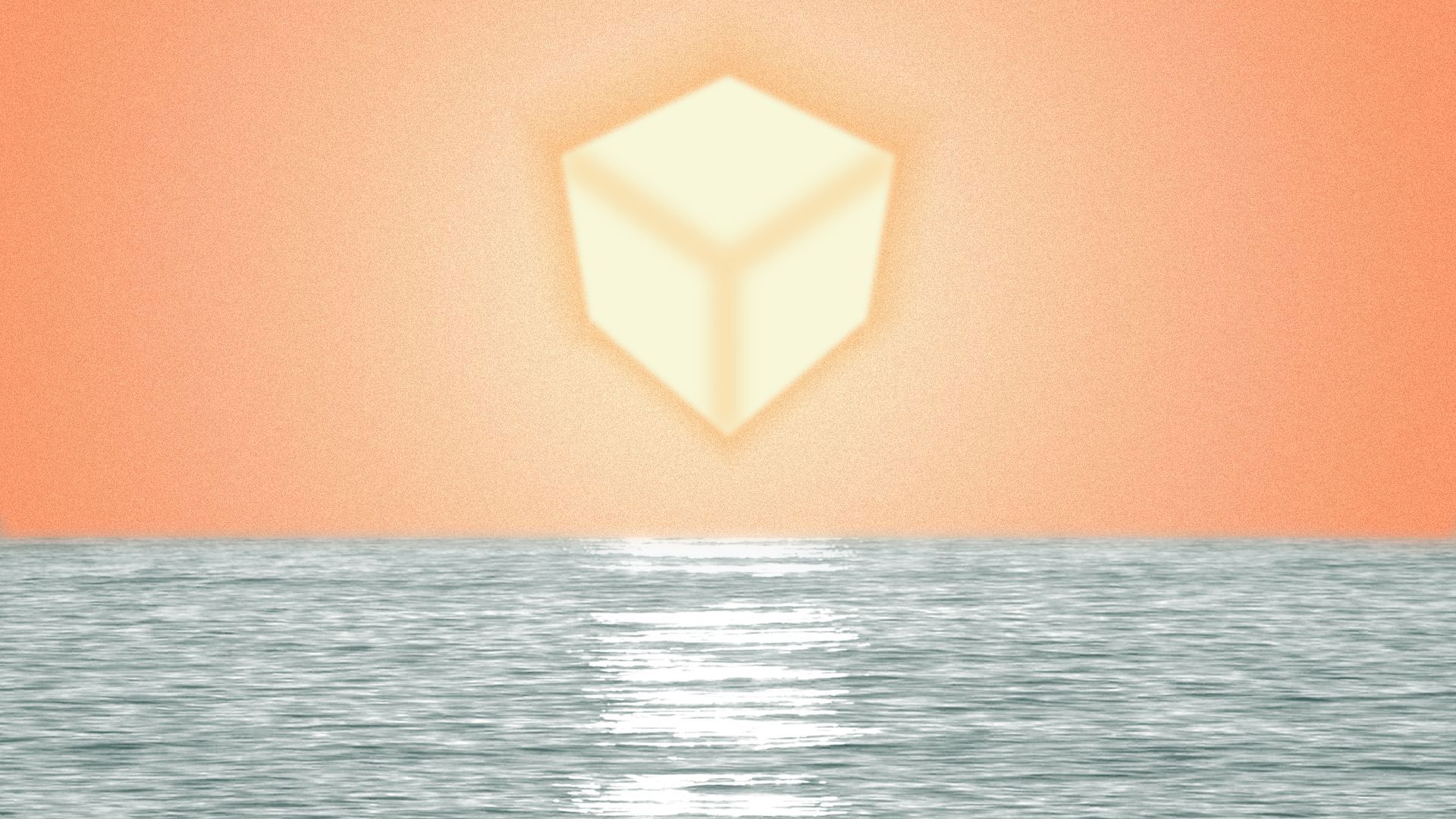 Illustration of a block-shaped sun over the water.