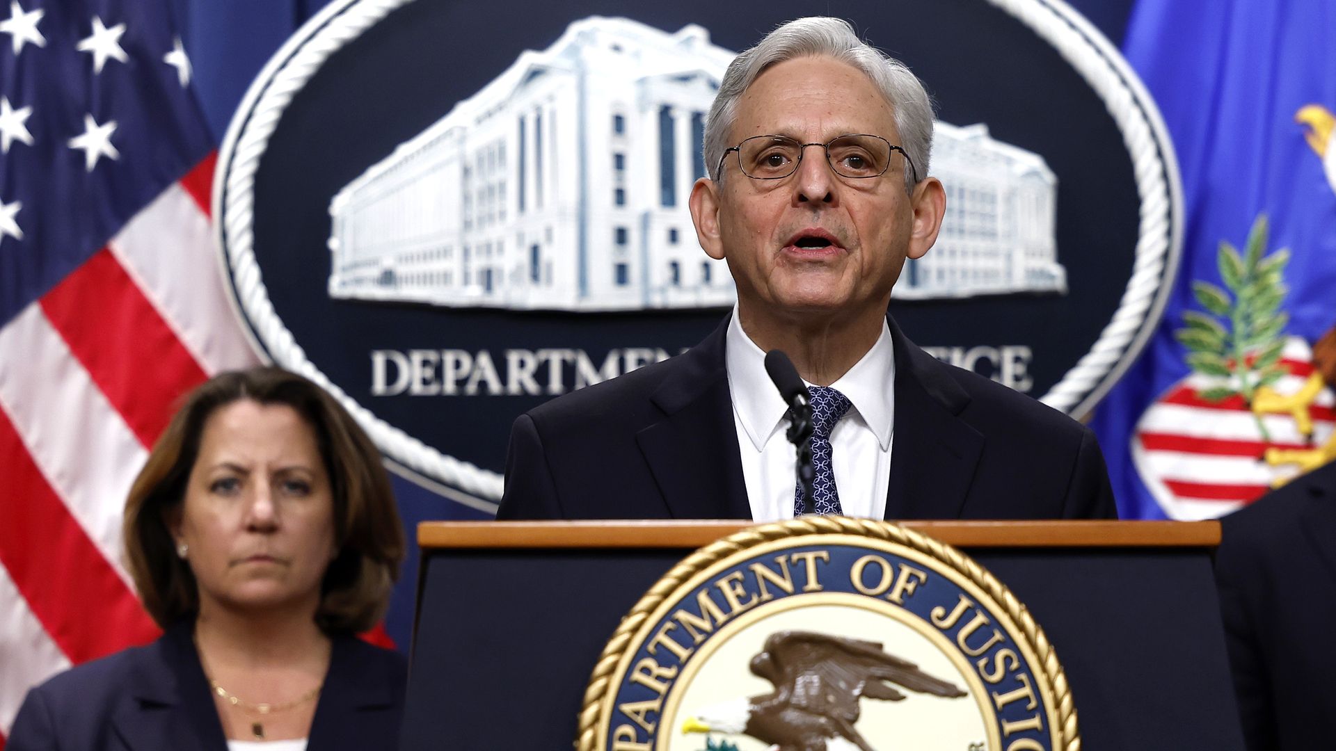U.S. Attorney General Merrick Garland delivers remarks alongside Deputy Attorney General Lisa O. Monaco and Assistant Attorney General Kenneth Polite at the U.S. Justice Department on November 18, 2022 in Washington, DC. 