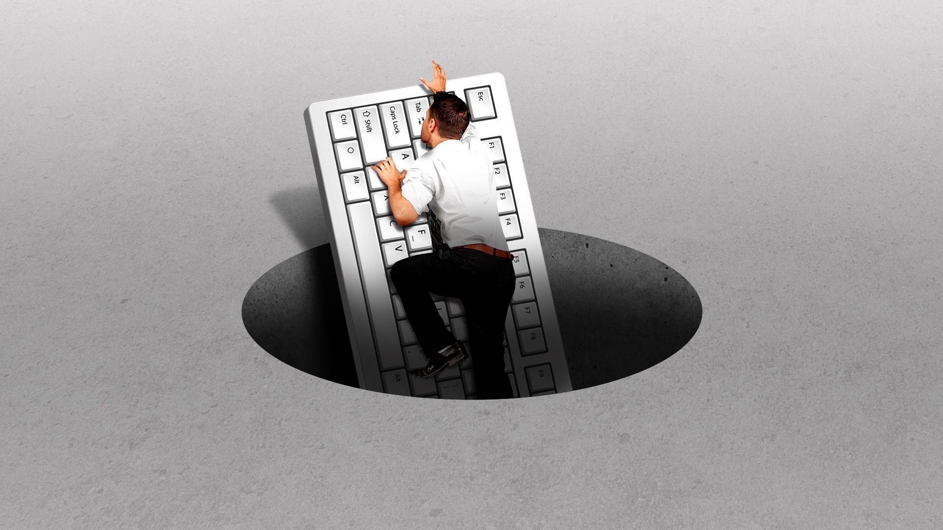 Illustration of a man using a keyboard to climb out of a hole in the ground