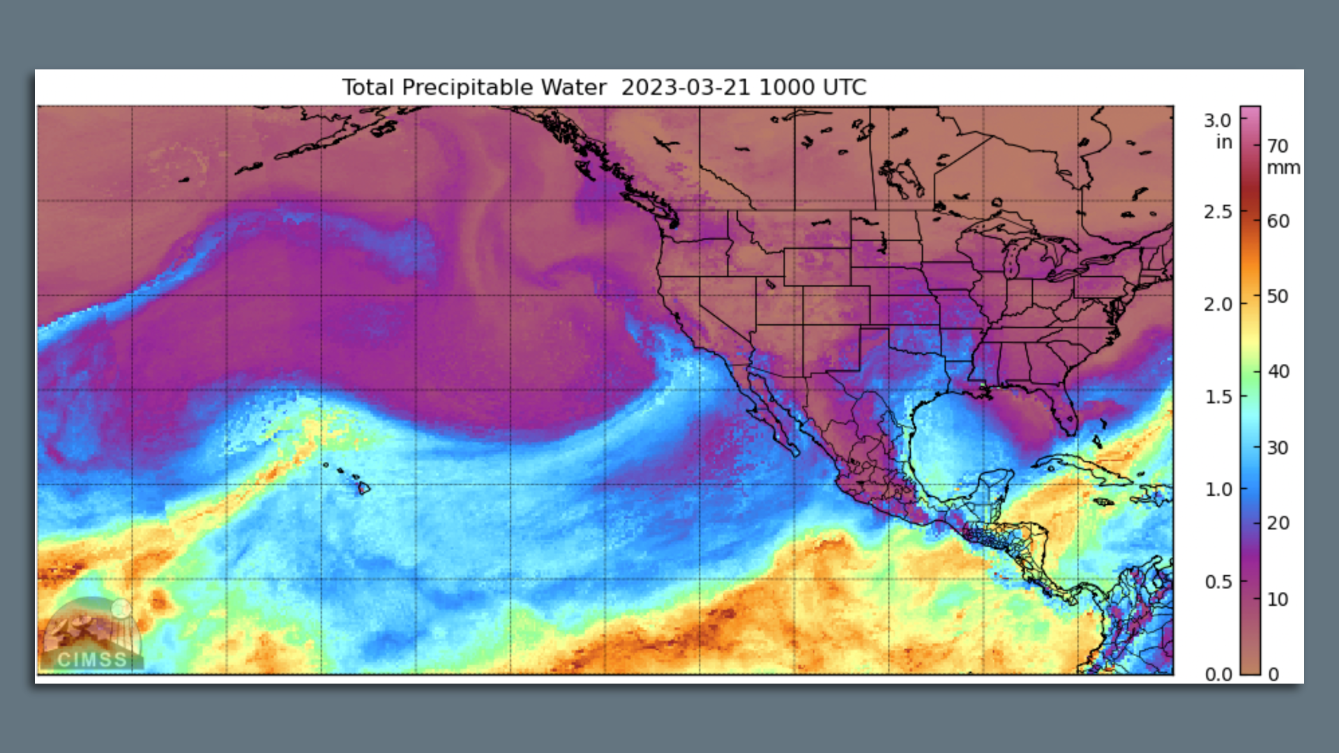 Map showing a measure of the water vapor in the atmosphere, with an atmospheric river aimed at California.