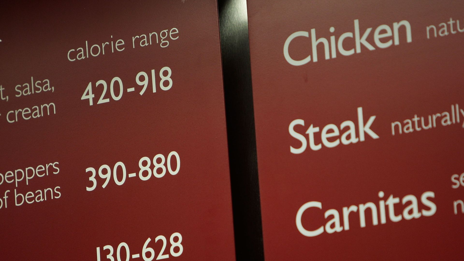 A Chipotle menu board, including calorie counts.