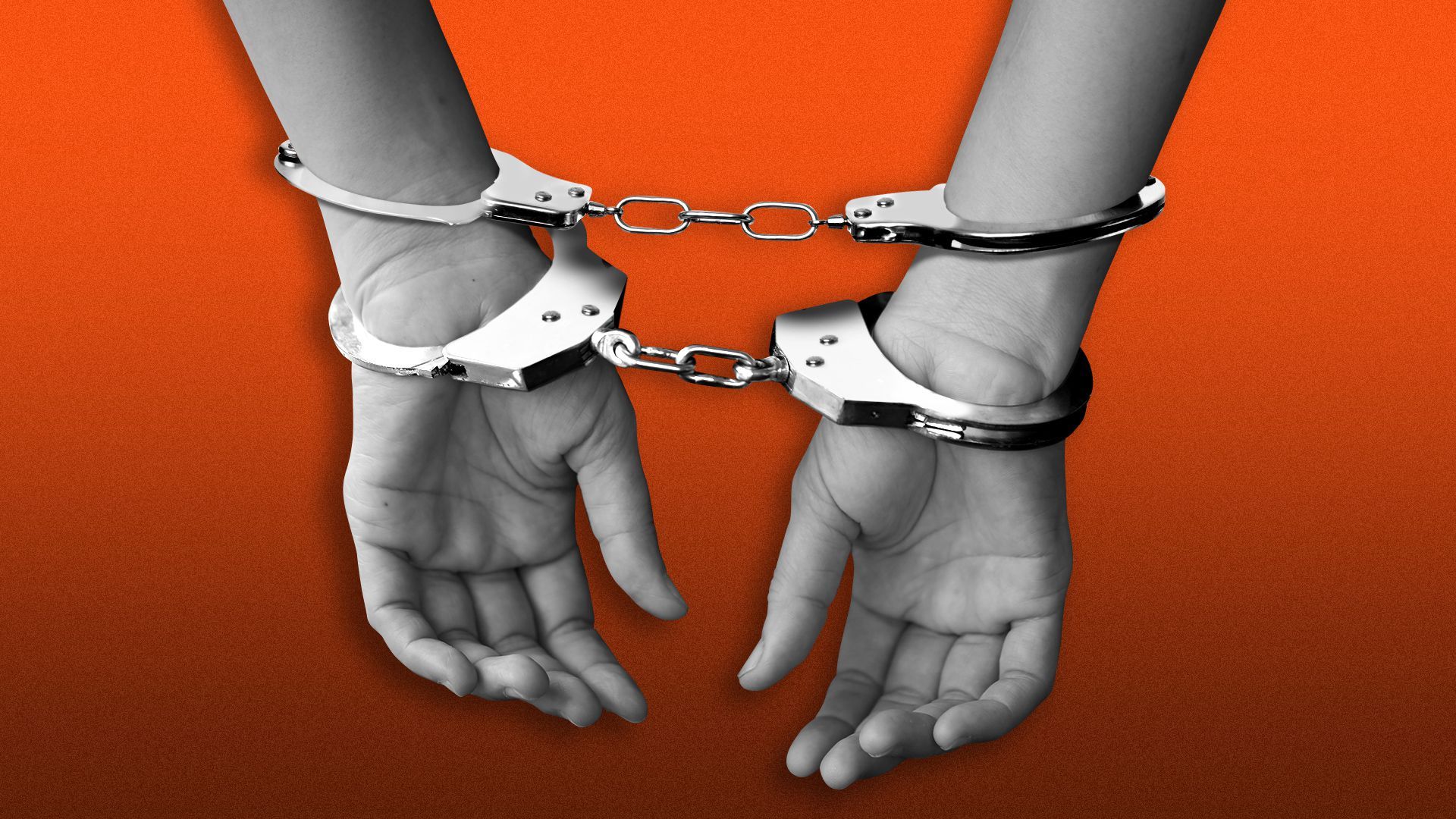 Illustration of a pair of hands wearing two sets of handcuffs. 