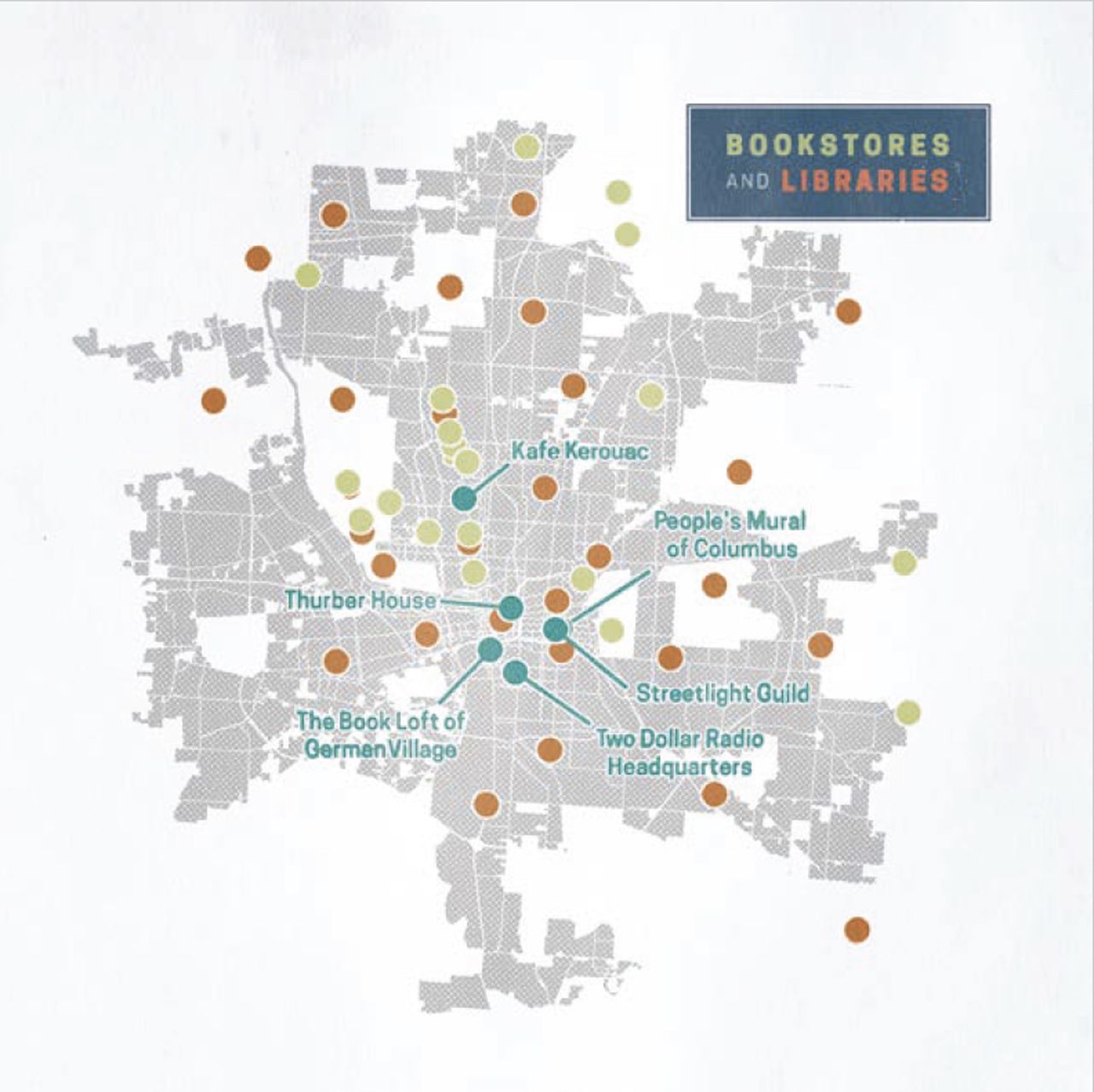Columbus map showing locations of bookstores and libraries marked with green and orange dots, highlighting spots like Kafe Kerouac and The Book Loft of German Village.