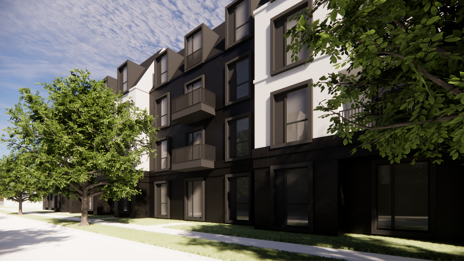 Modern black-and-white apartment building with large windows and small balconies, set along a tree-lined street under a blue sky.