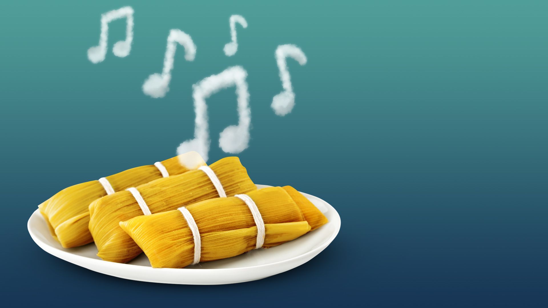 Illustration of a plate of tamales with steam in the shape of musical notes rising above it.   