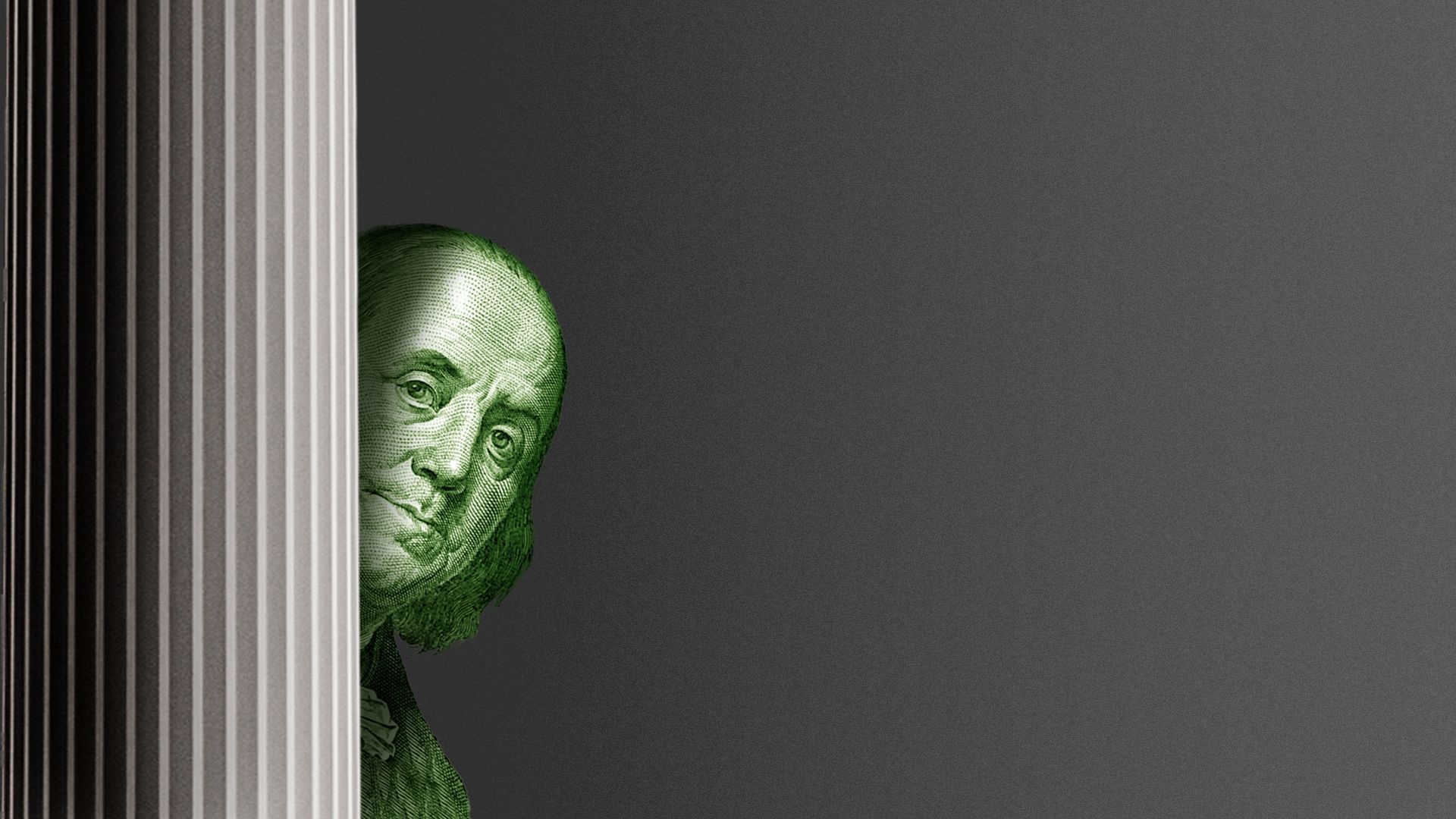 Illustration of Benjamin Franklin hiding behind a Roman column.