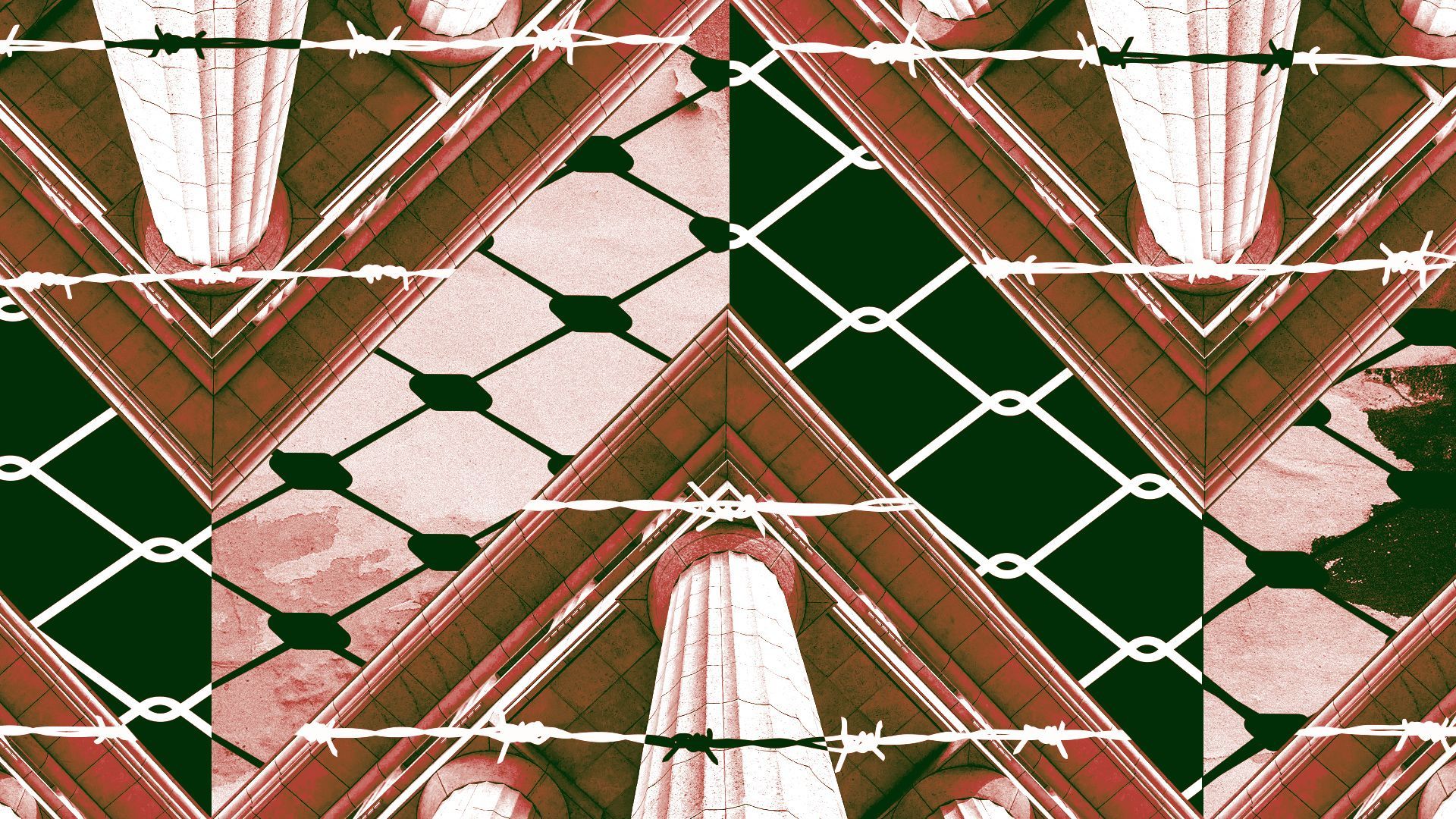 Illustrated collage of architectural columns, barbed wire, a keffiyeh pattern, and a chain link fence arranged geometrically. 