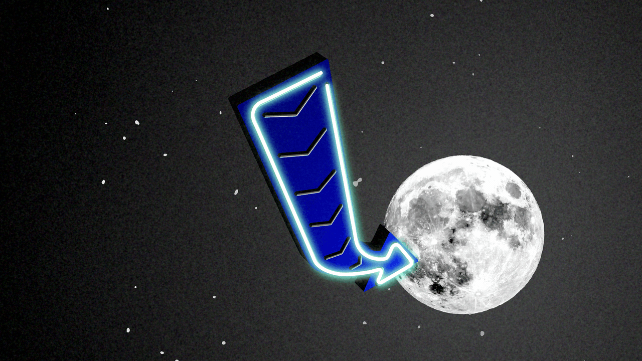 Animated illustration of a neon sign in the shape of a large arrow pointing at the moon. Neon arrows within the sign are lighting up one after the other in the direction of the moon.