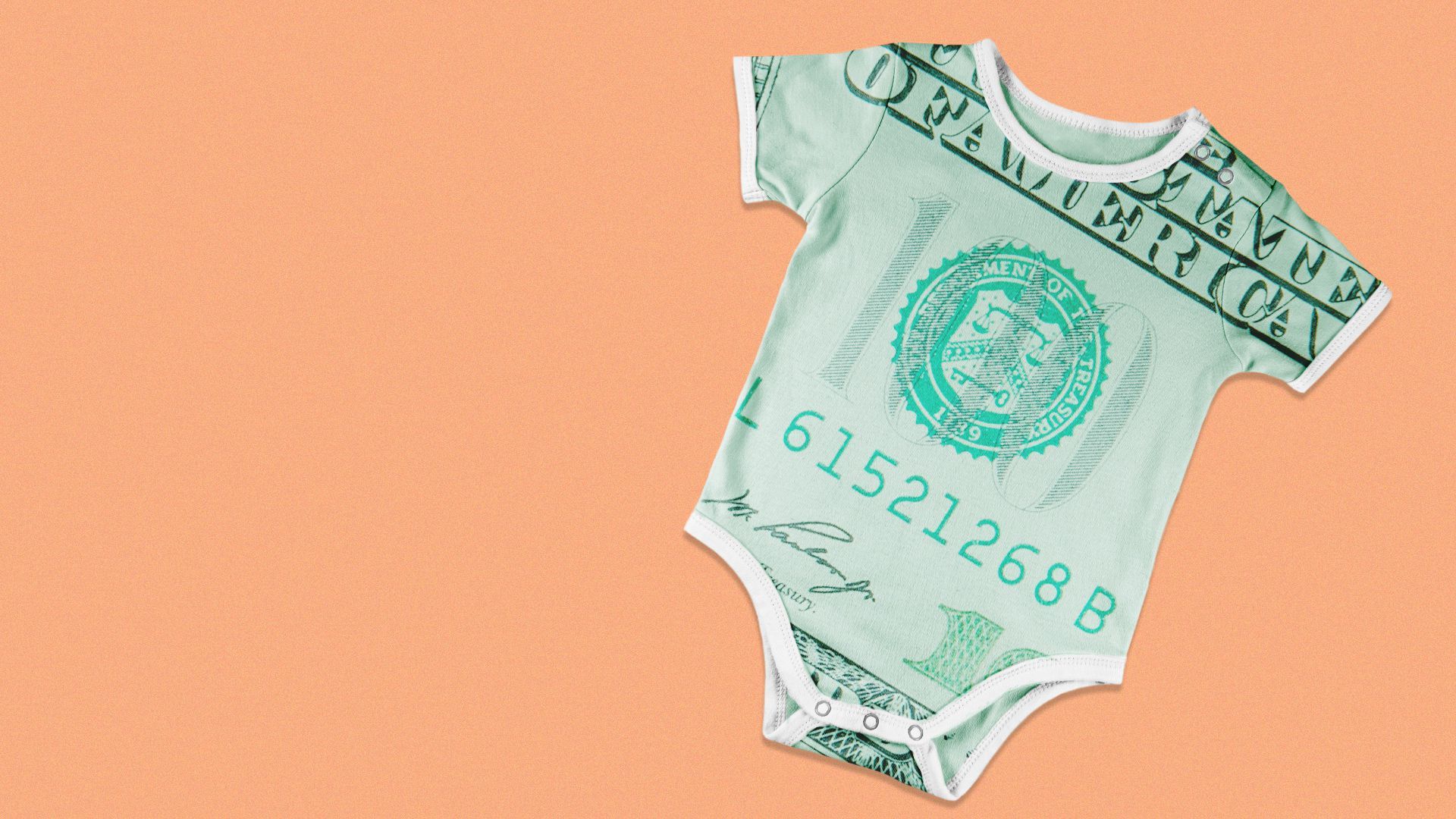 Illustration of a baby onesie printed with the image of a $100 bill.