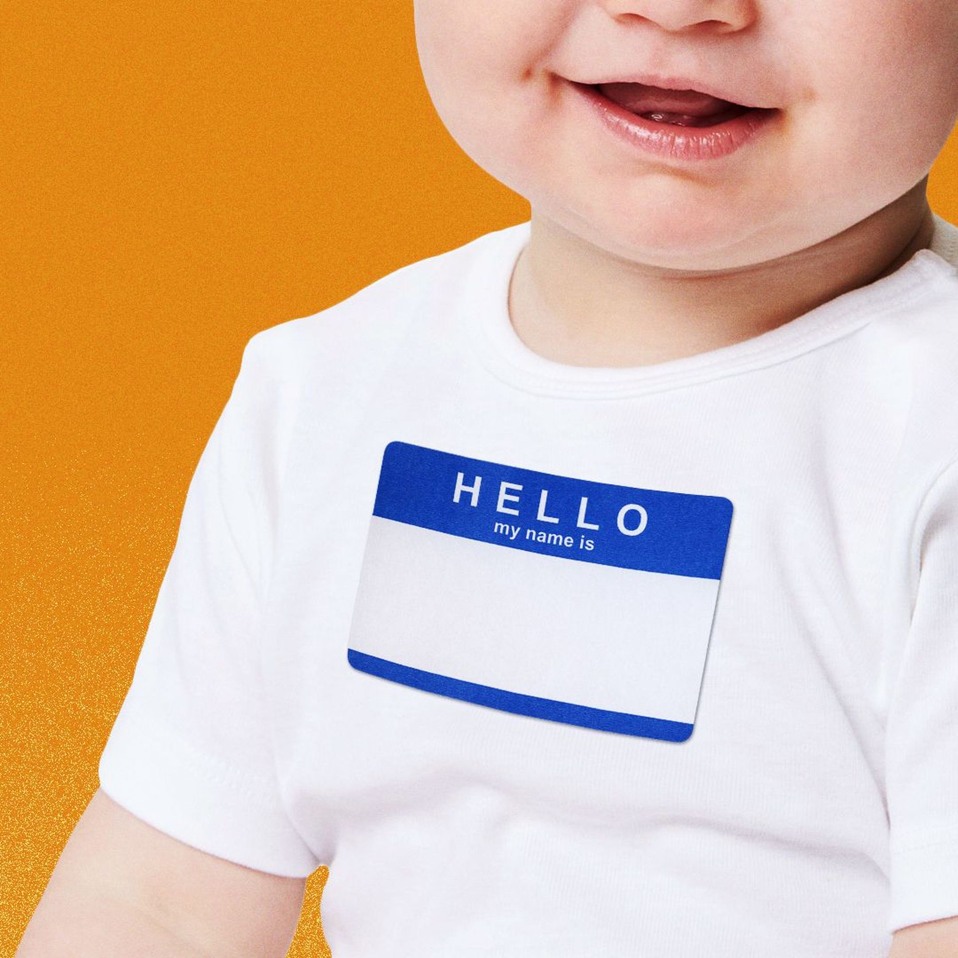 Illustration of a baby wearing a "hello my name is" sticker. 