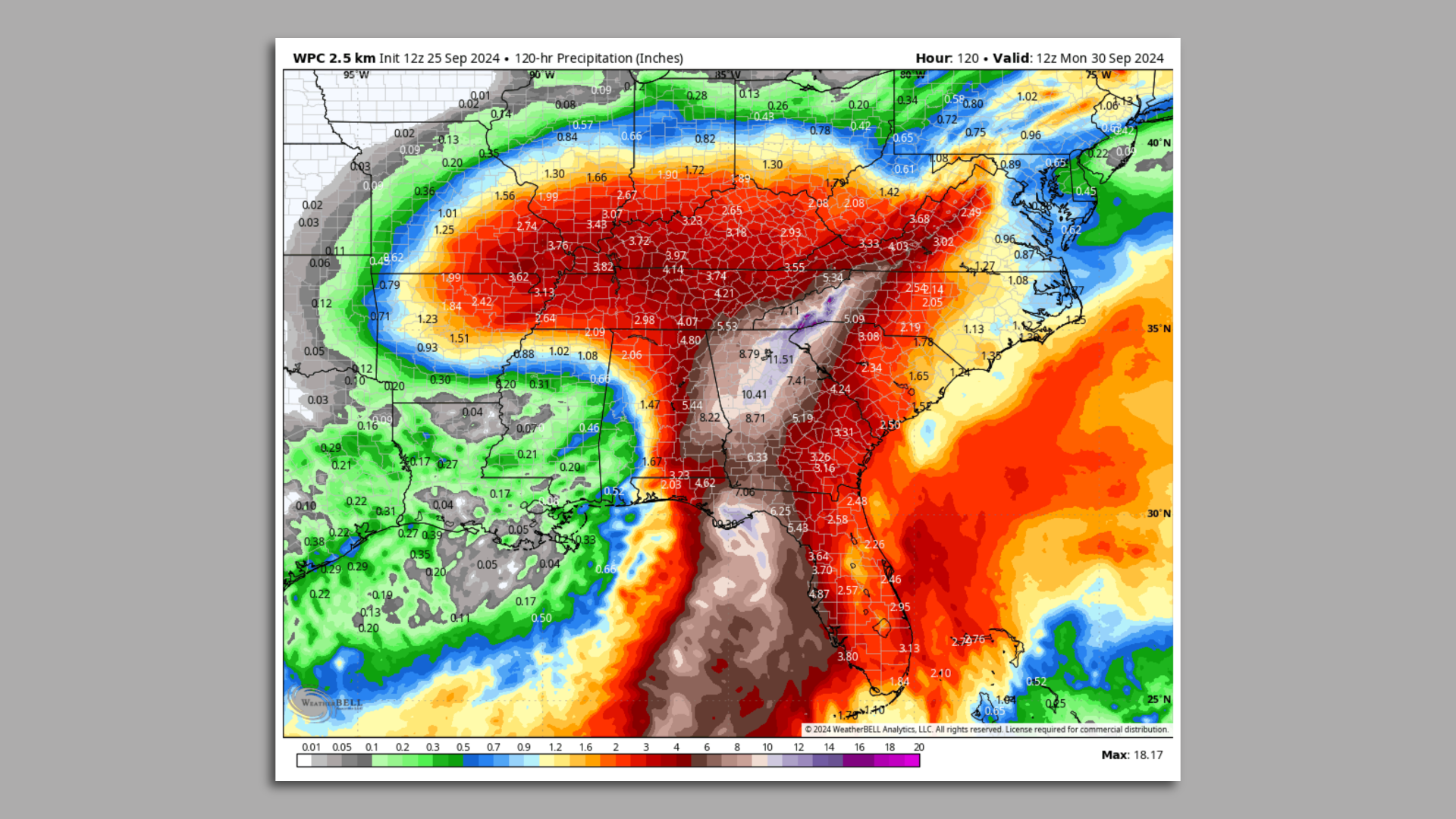 A map of the Southeast U.S. showing shaded areas where flooding is projected to take place over a three-day period. The metro Atlanta area is projected to experience the most flooding.
