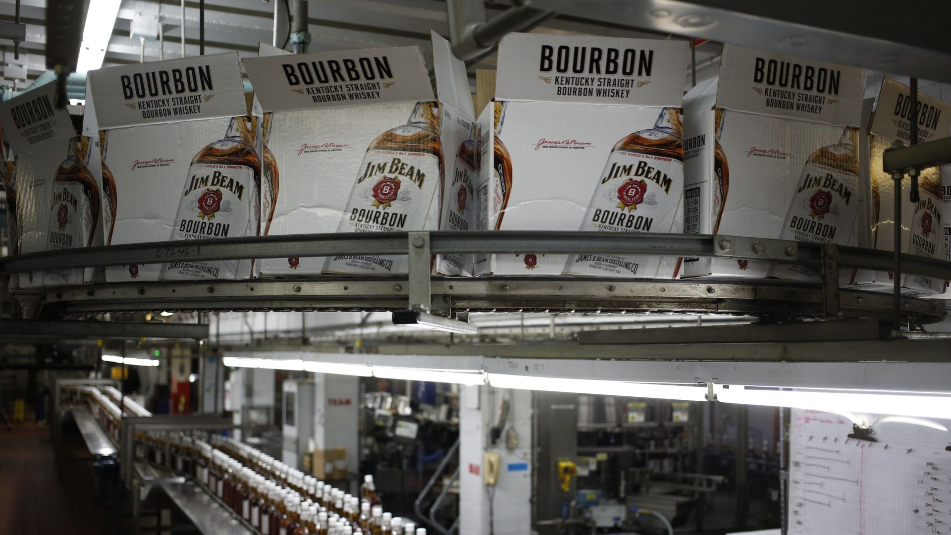 : Bottles of Jim Beam Bourbon make their way down a conveyor belt inside the bottling plant at the Jim Beam Bourbon Distillery on January 13, 2014.