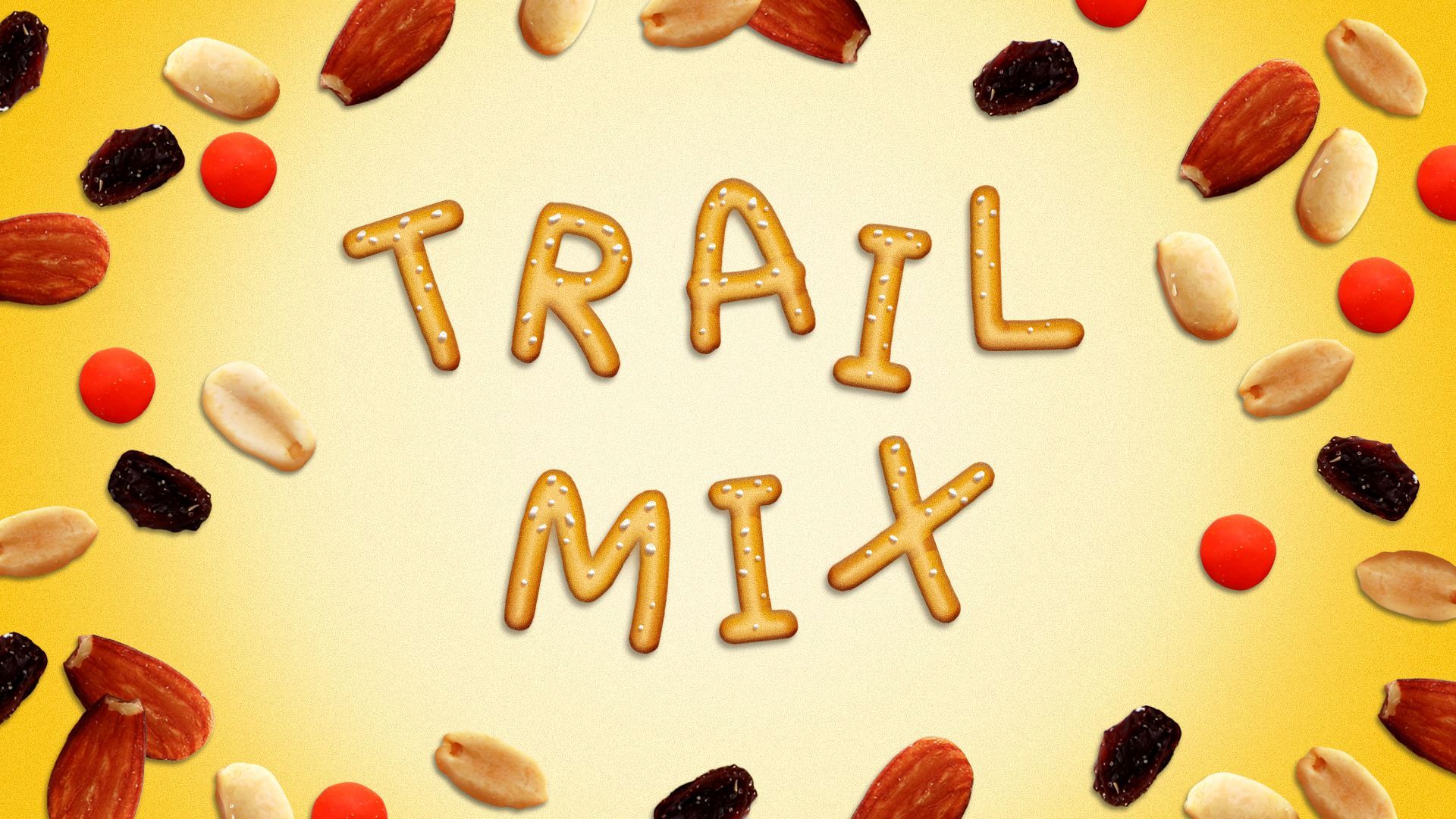 Illustration of trail mix ingredients with the words "trail mix" spelled out in pretzels