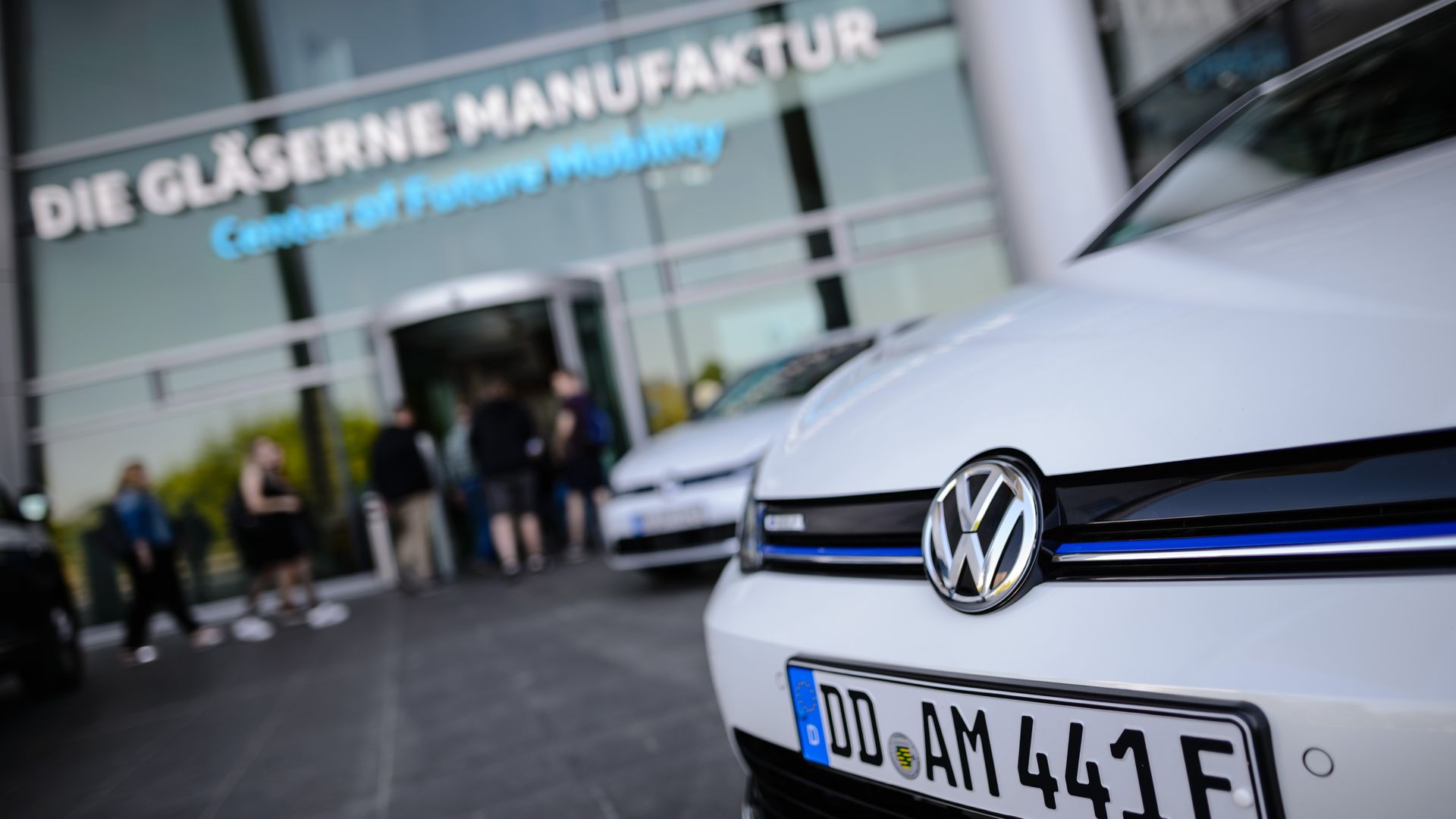The front of a Volkswagen e-Golf electric car in front of the Volkswagen AG factory in Germany