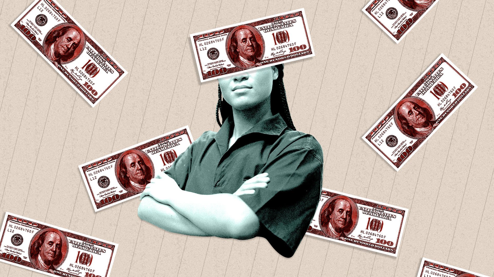 Illustration of a person of color with hundred dollar bills falling around her.