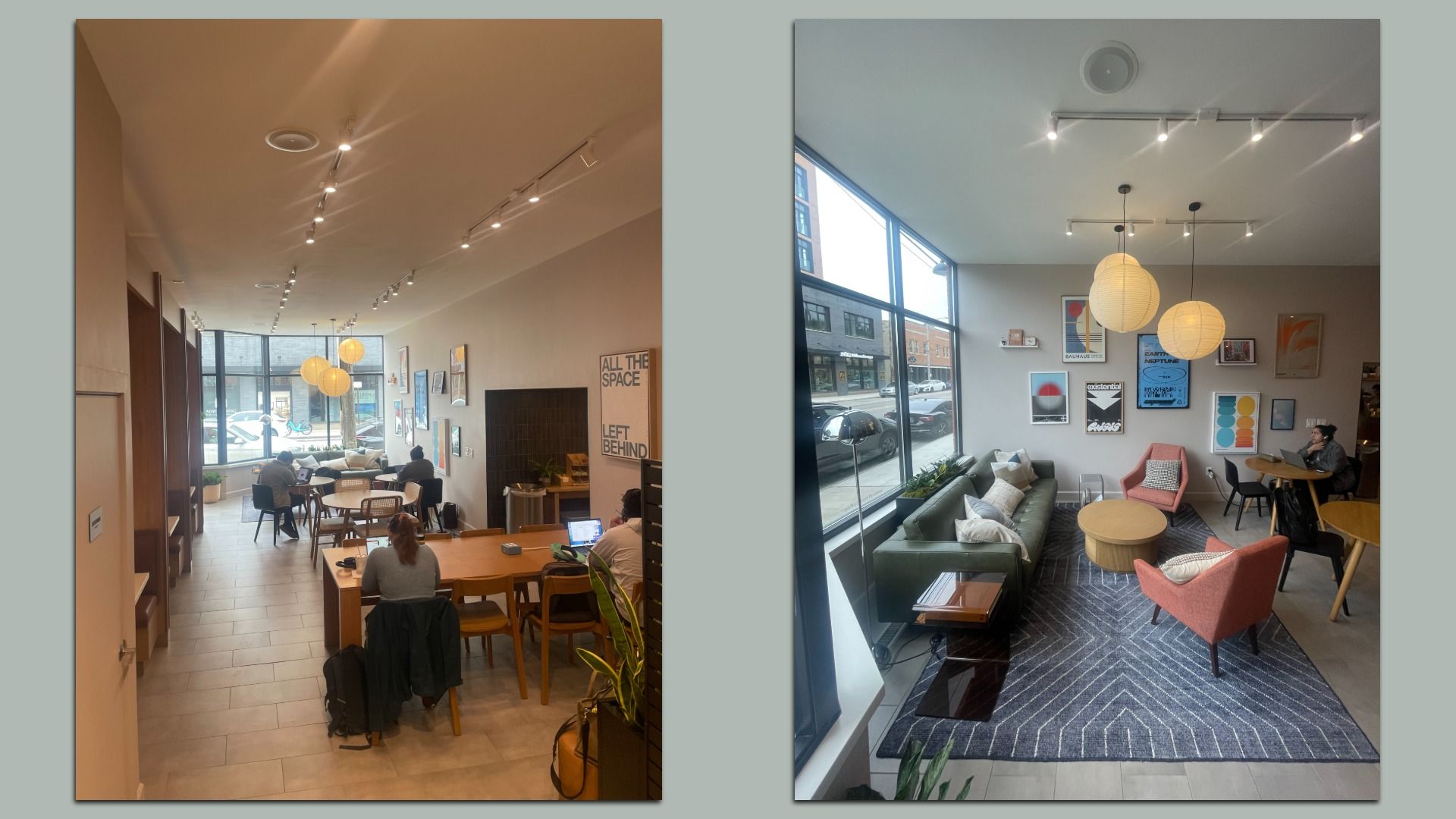 Two interior cafe spaces side by side: left a warm beige dining area with wooden tables and track lighting; right a modern lounge with gray walls, large windows, framed art, and round pendant lamps.