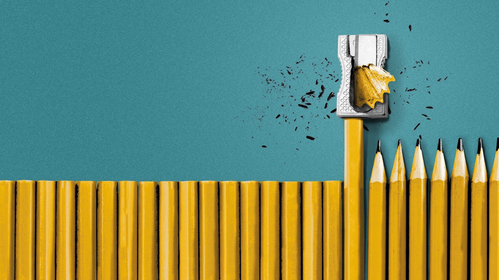 Illustration of a row of unsharpened pencils, one being sharpened, and after that several sharpened pencils.