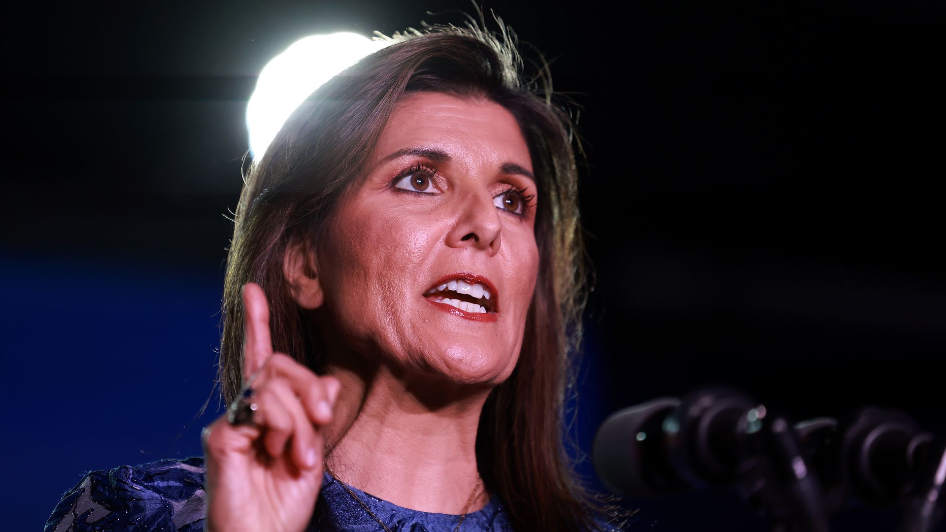 Republican presidential candidate former U.N. Ambassador Nikki Haley delivers remarks at her primary night rally at the Grappone Conference Center on January 23, 2024 in Concord, New Hampshire