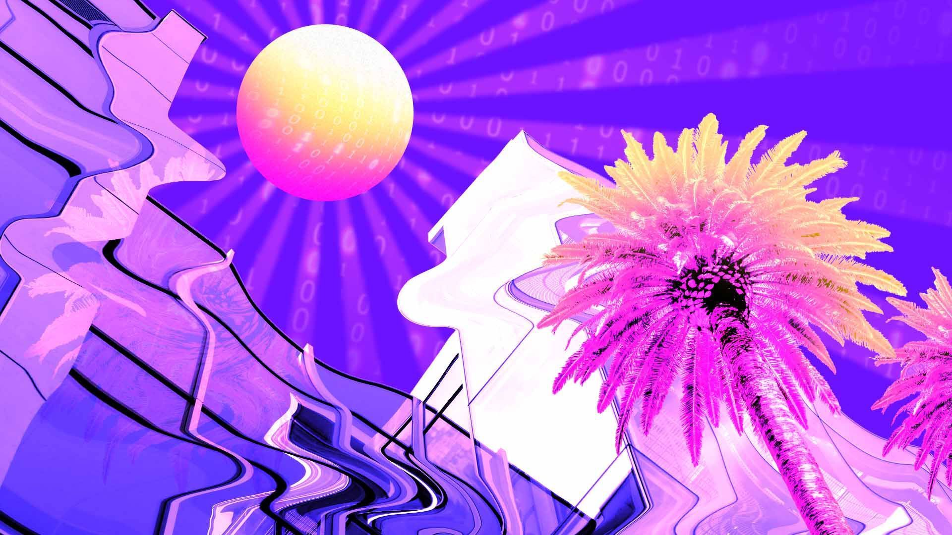 Illustration of binary code sunset over Silicon Valley building and palm trees