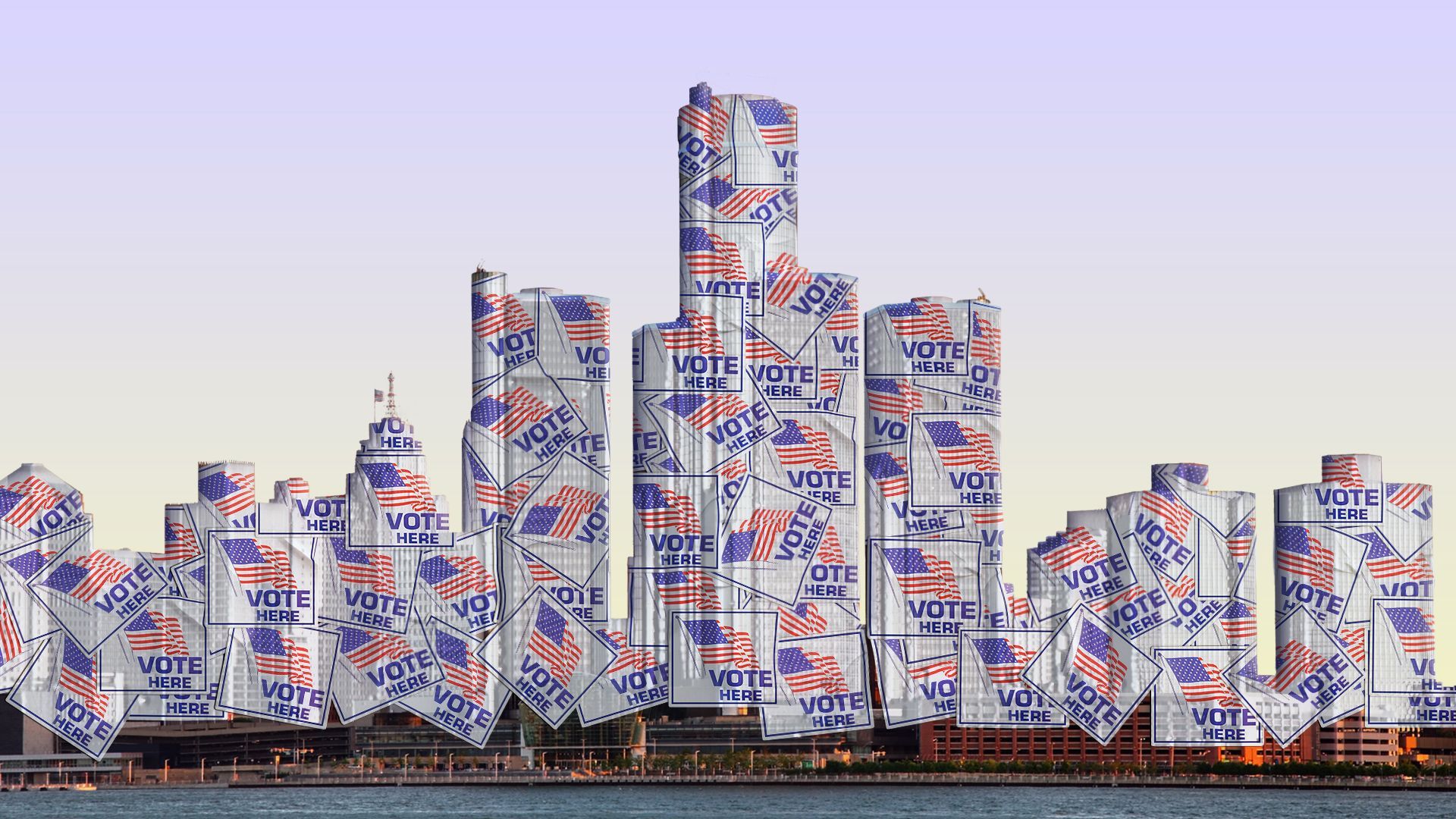 Illustration of the Detroit skyline totally covered in "Vote Here" stickers.