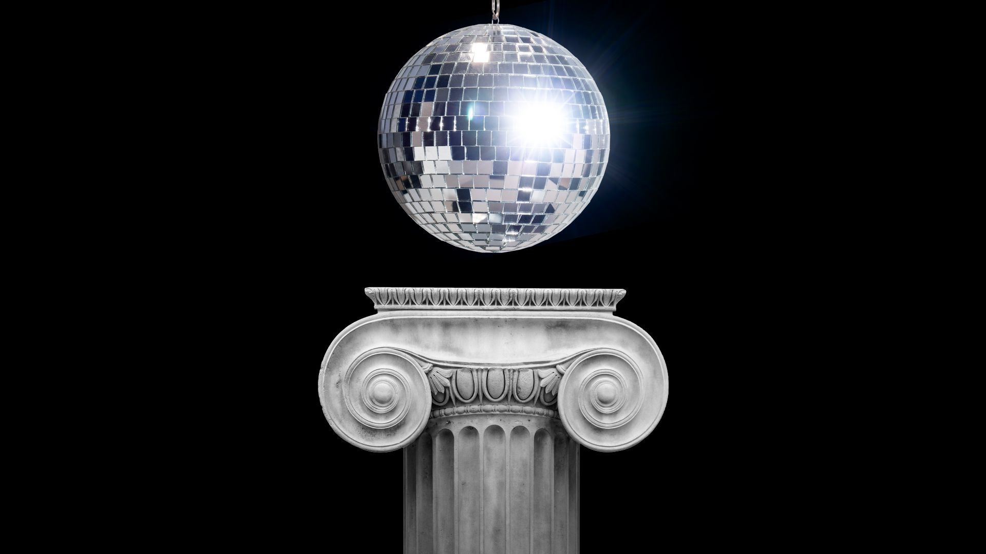 Illustration of a disco ball hanging above an ionic column